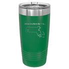 Laser etched green 20 oz vacuum insulated tumbler with 'Massachusetts Heart' design