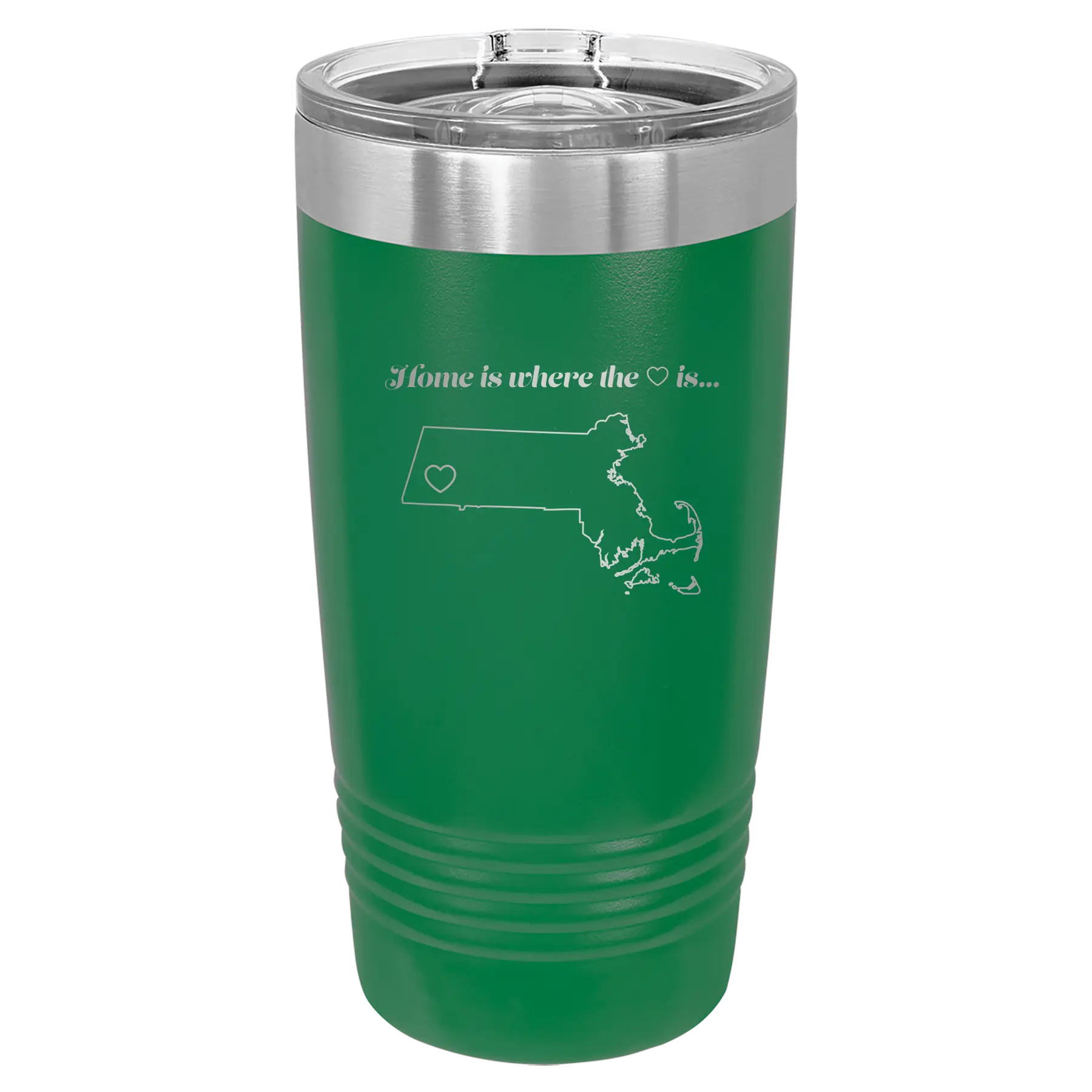 Laser etched green 20 oz vacuum insulated tumbler with 'Massachusetts Heart' design