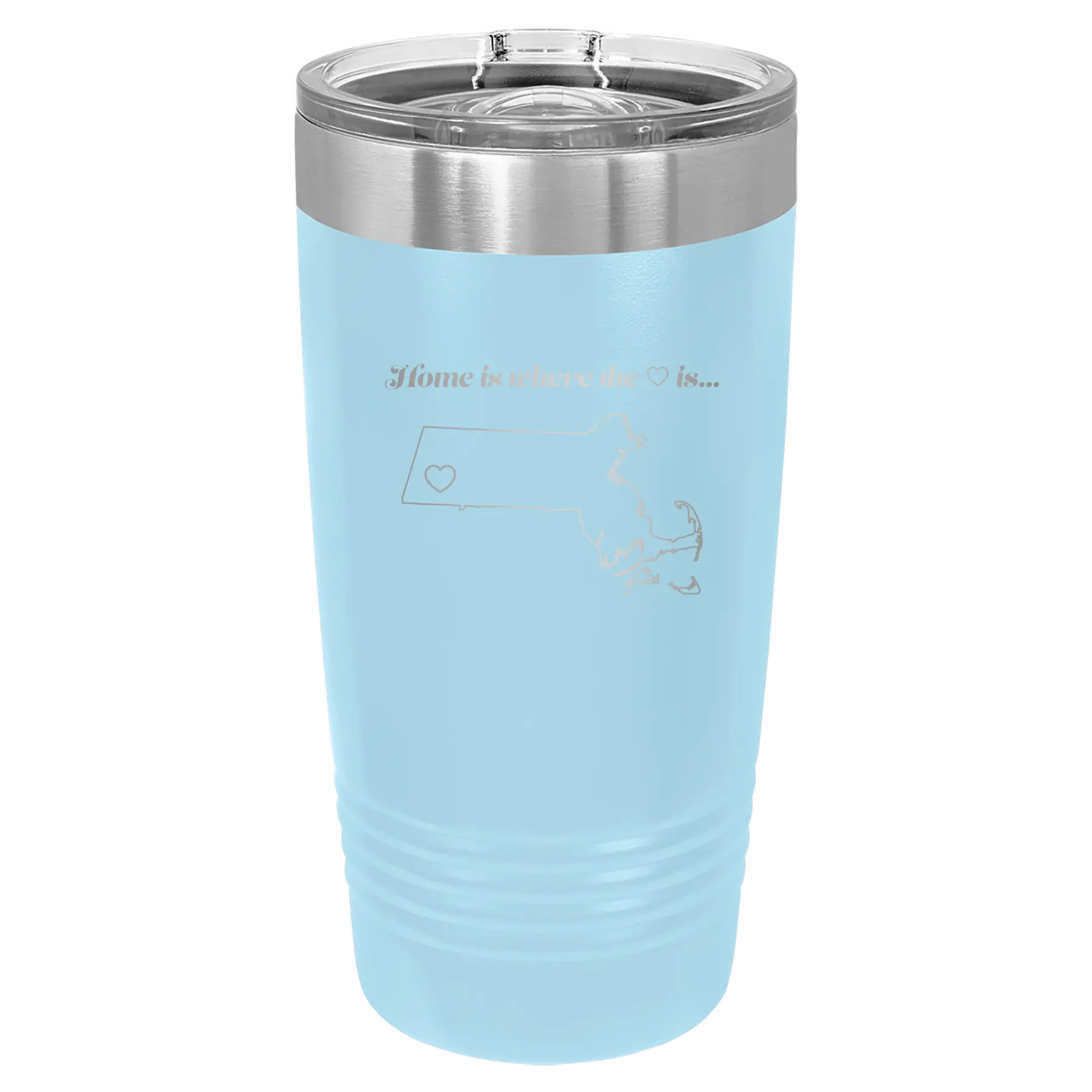 Laser etched light blue 20 oz vacuum insulated tumbler with 'Massachusetts Heart' design