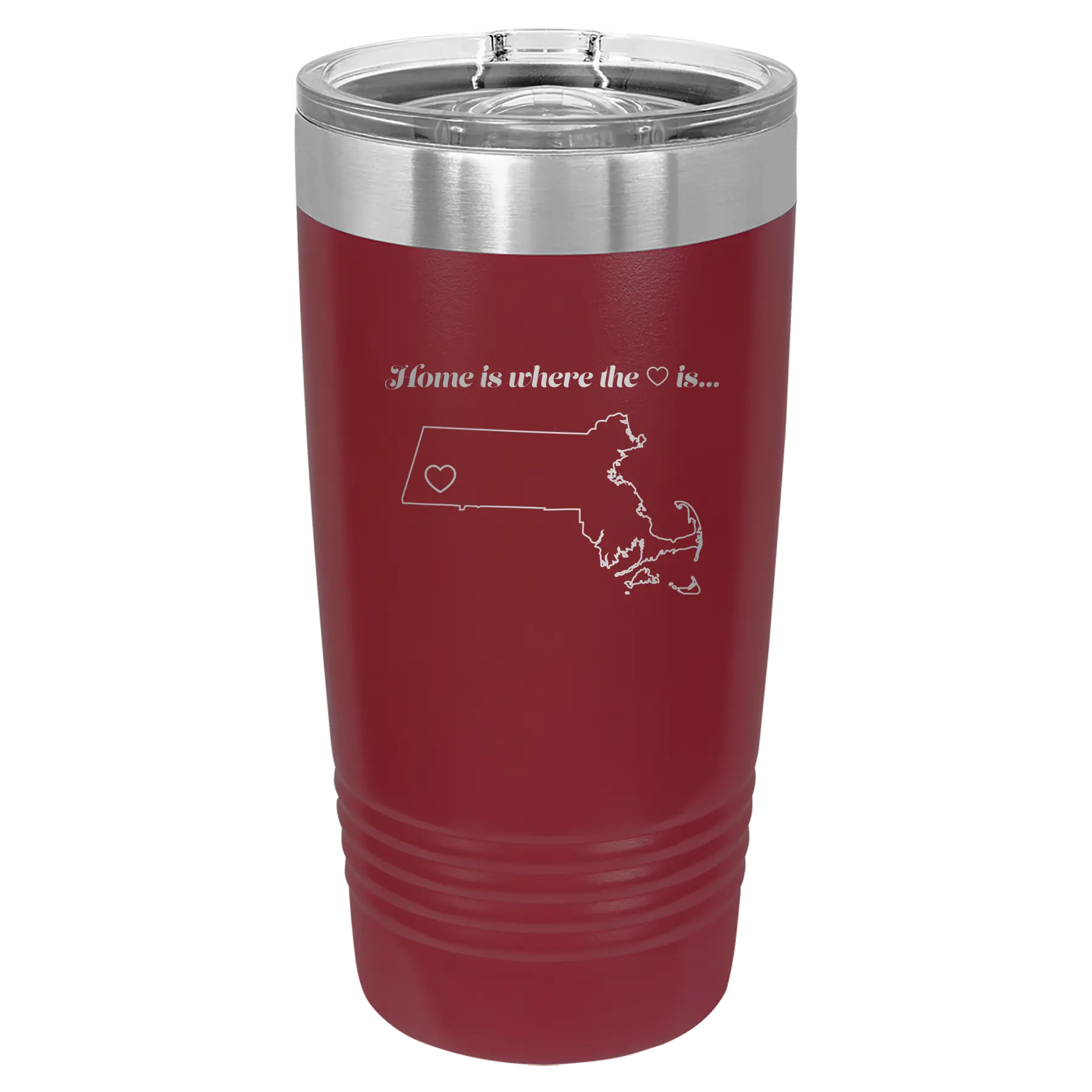 Laser etched maroon 20 oz vacuum insulated tumbler with 'Massachusetts Heart' design