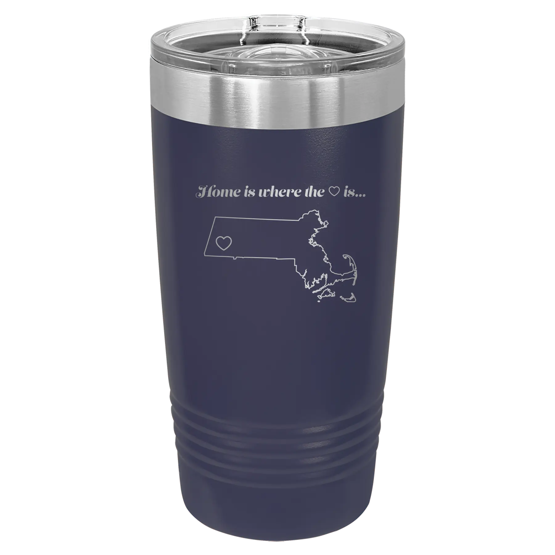 Laser etched navy 20 oz vacuum insulated tumbler with 'Massachusetts Heart' design