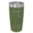 Laser etched olive green 20 oz vacuum insulated tumbler with 'Massachusetts Heart' design