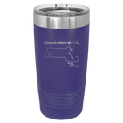 Laser etched purple 20 oz vacuum insulated tumbler with 'Massachusetts Heart' design