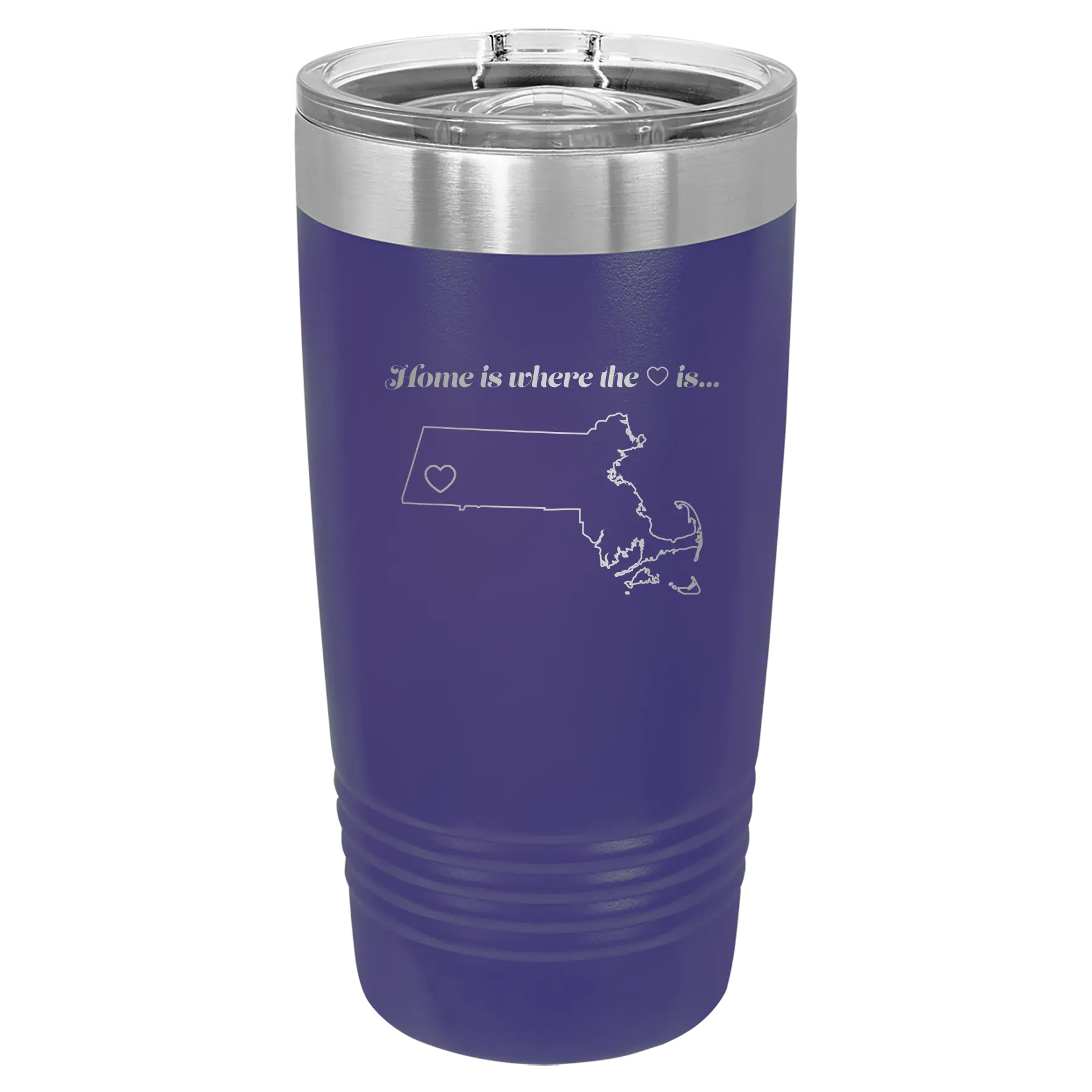 Laser etched purple 20 oz vacuum insulated tumbler with 'Massachusetts Heart' design