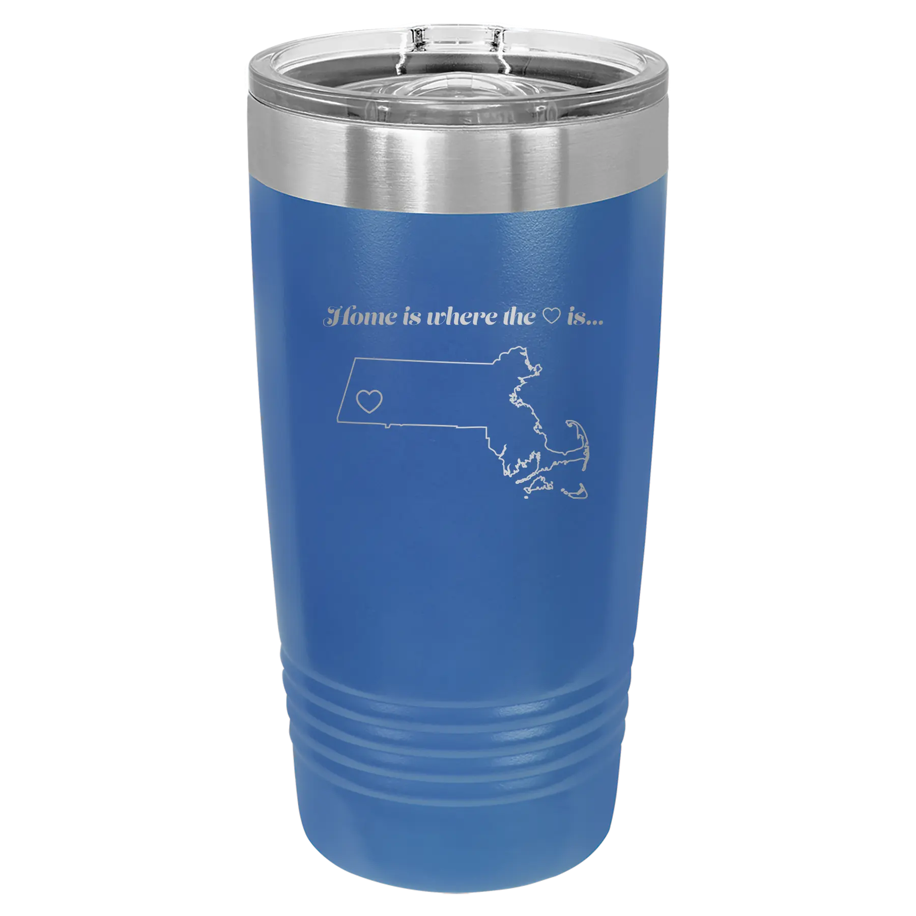 Laser etched royal blue 20 oz vacuum insulated tumbler with 'Massachusetts Heart' design