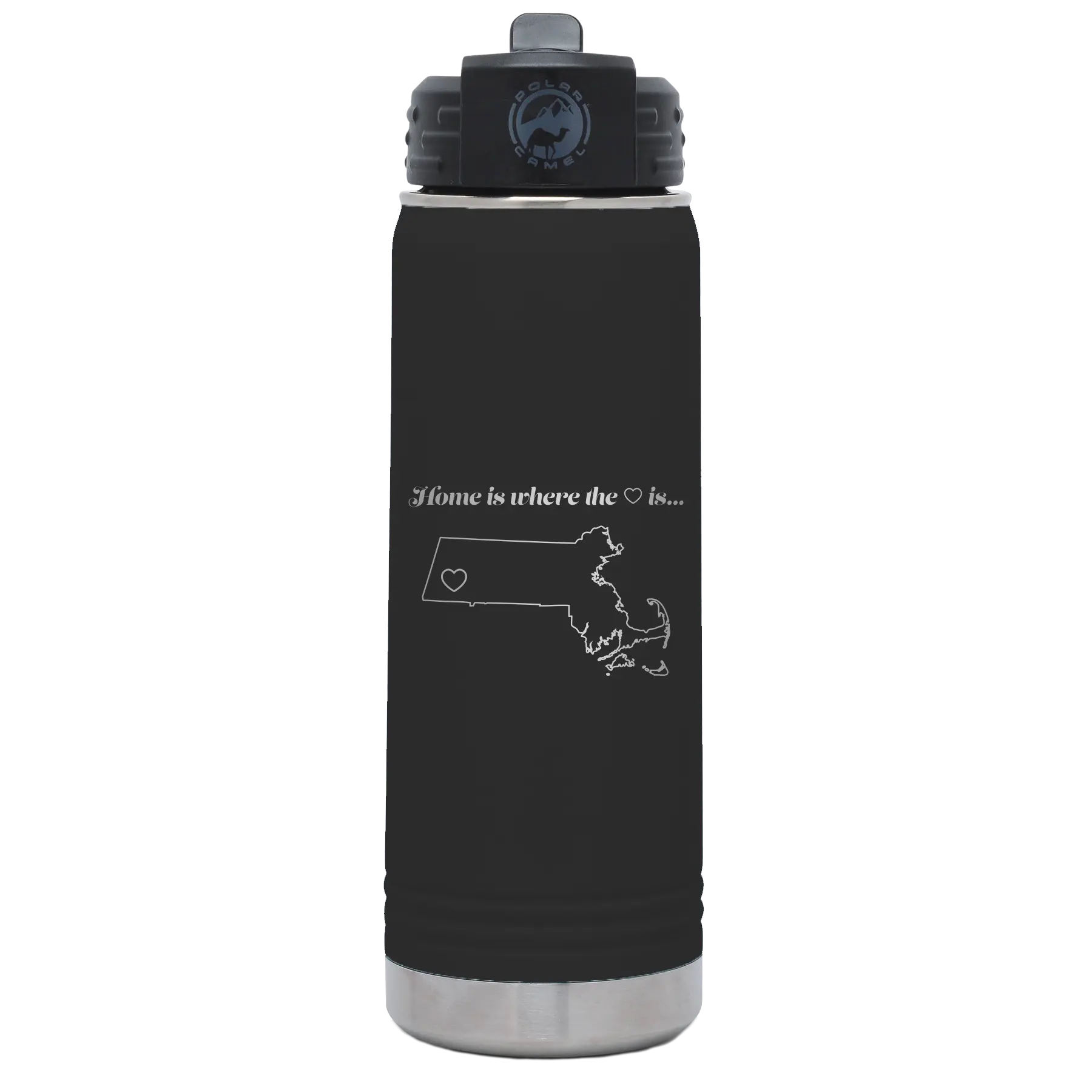 Laser etched black 20 oz vacuum insulated water bottle with 'Massachusetts Heart' design