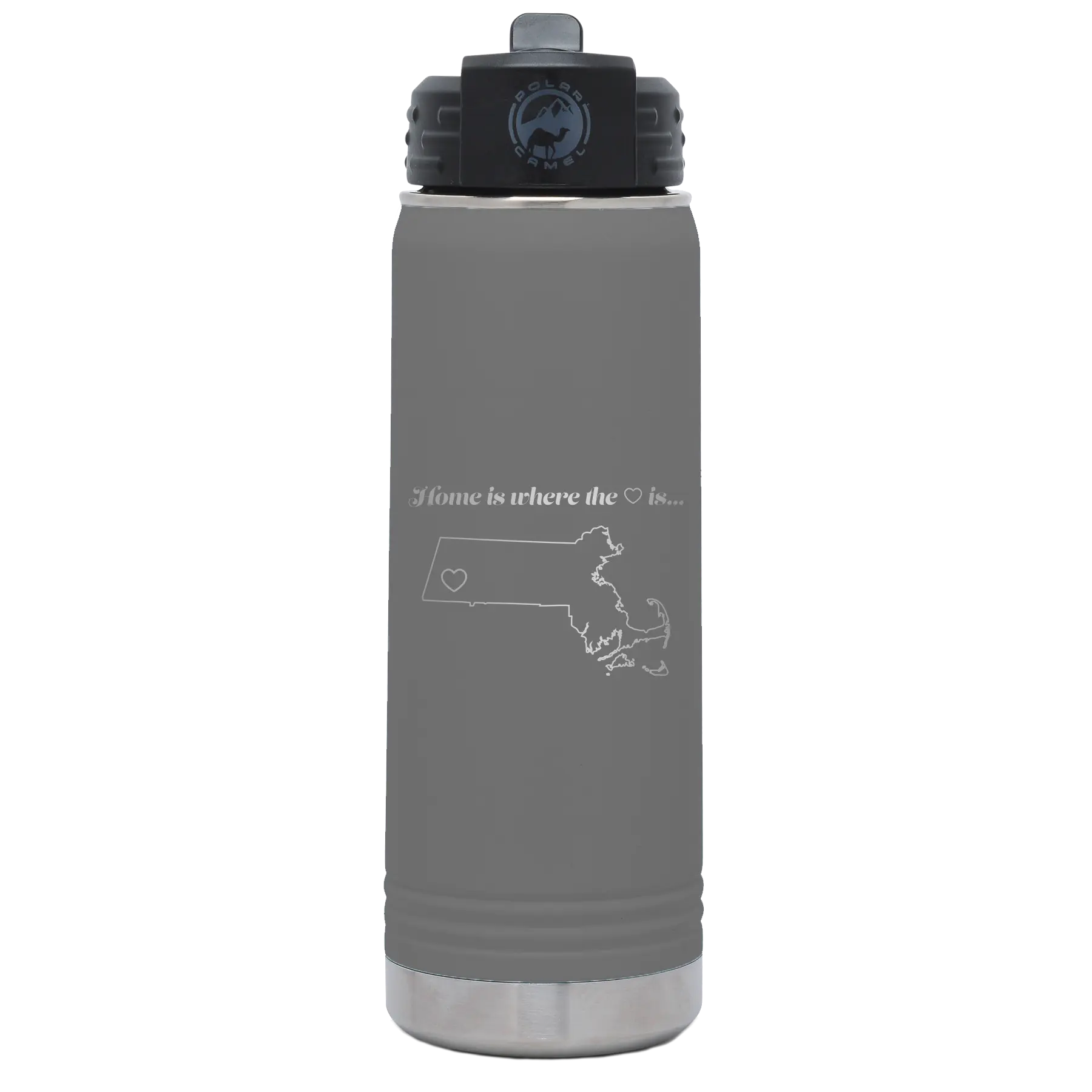 Laser etched dark gray 20 oz vacuum insulated water bottle with 'Massachusetts Heart' design