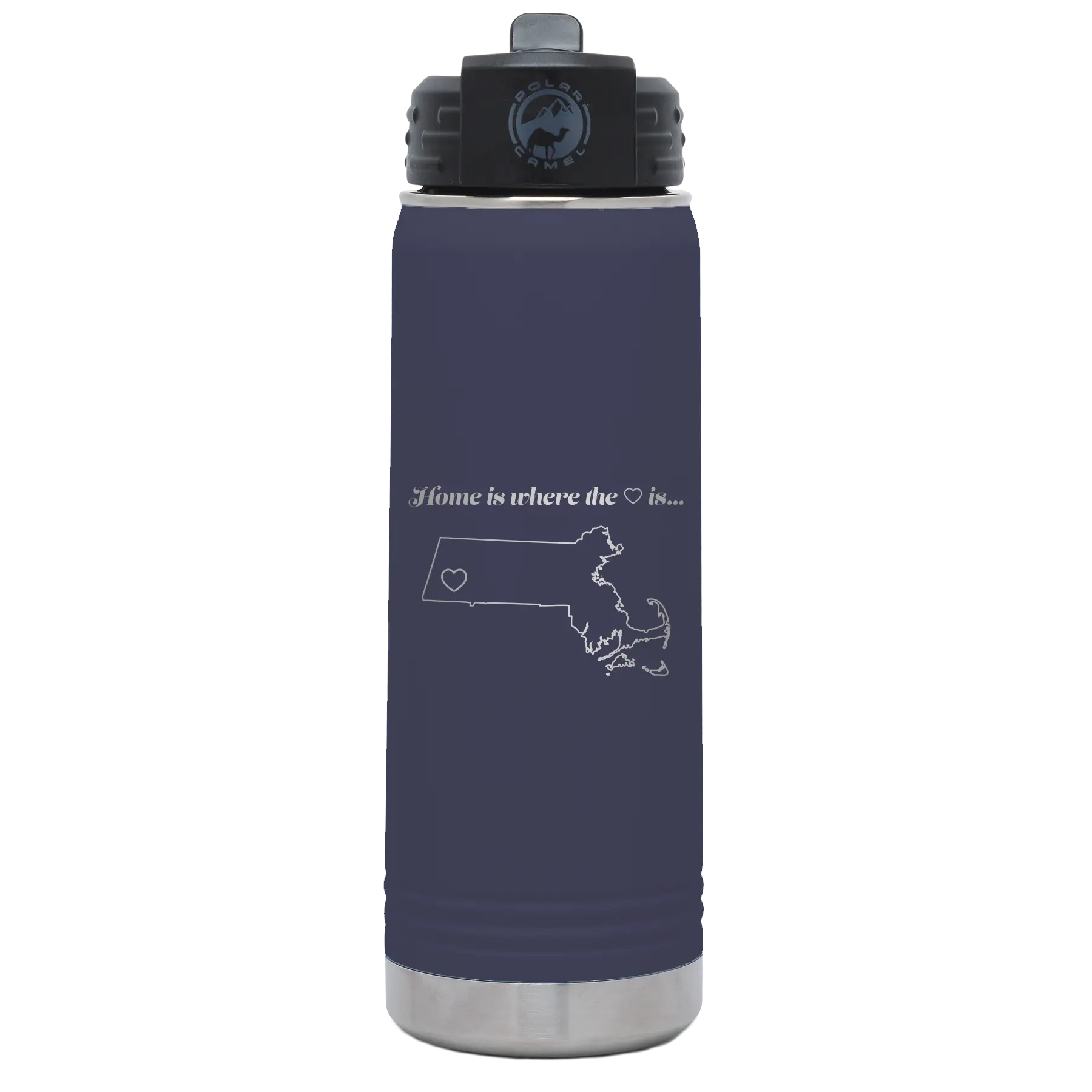 Laser etched navy 20 oz vacuum insulated water bottle with 'Massachusetts Heart' design