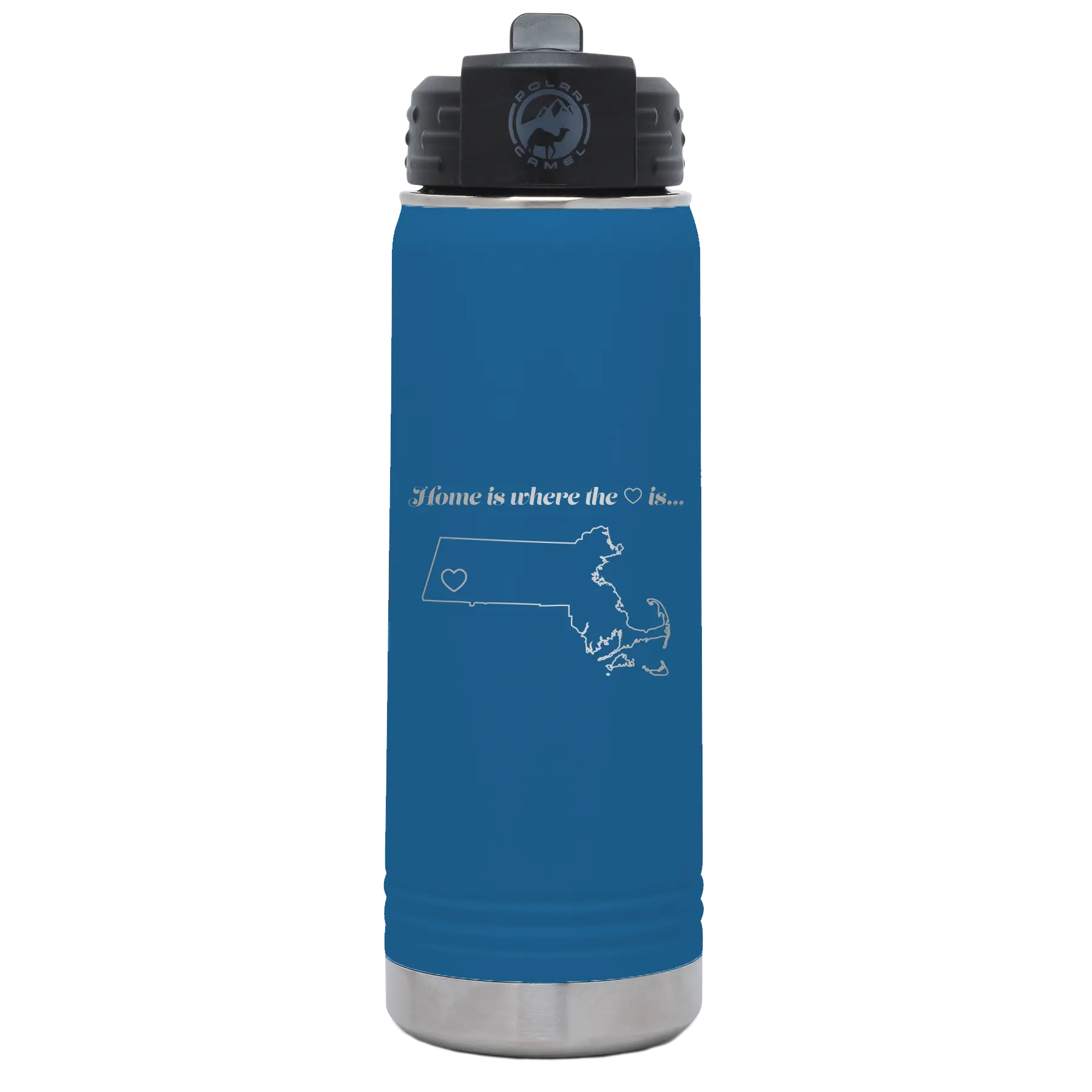 Laser etched royal blue 20 oz vacuum insulated water bottle with 'Massachusetts Heart' design