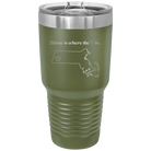 Laser etched olive green 30 oz vacuum insulated tumbler with 'Massachusetts Heart' design