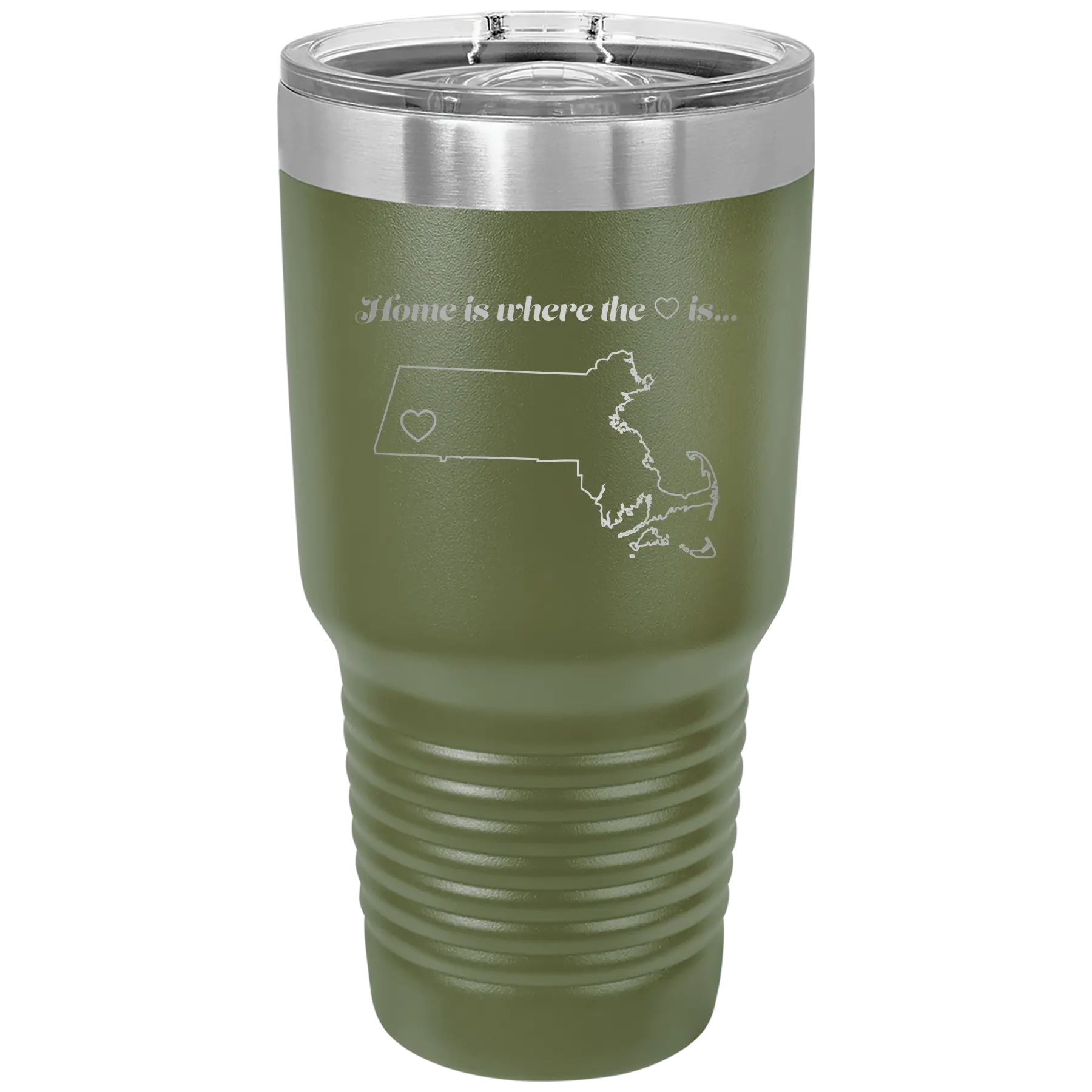 Laser etched olive green 30 oz vacuum insulated tumbler with 'Massachusetts Heart' design