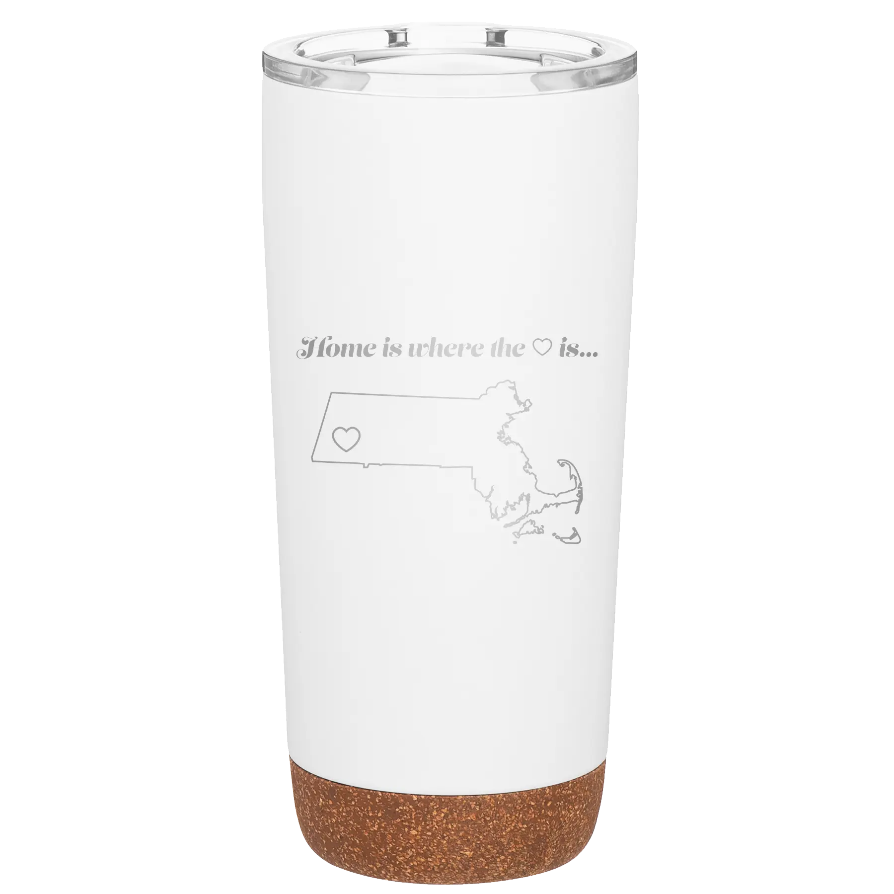 Laser etched white 20 oz vacuum insulated tumbler with 'Massachusetts Heart' design