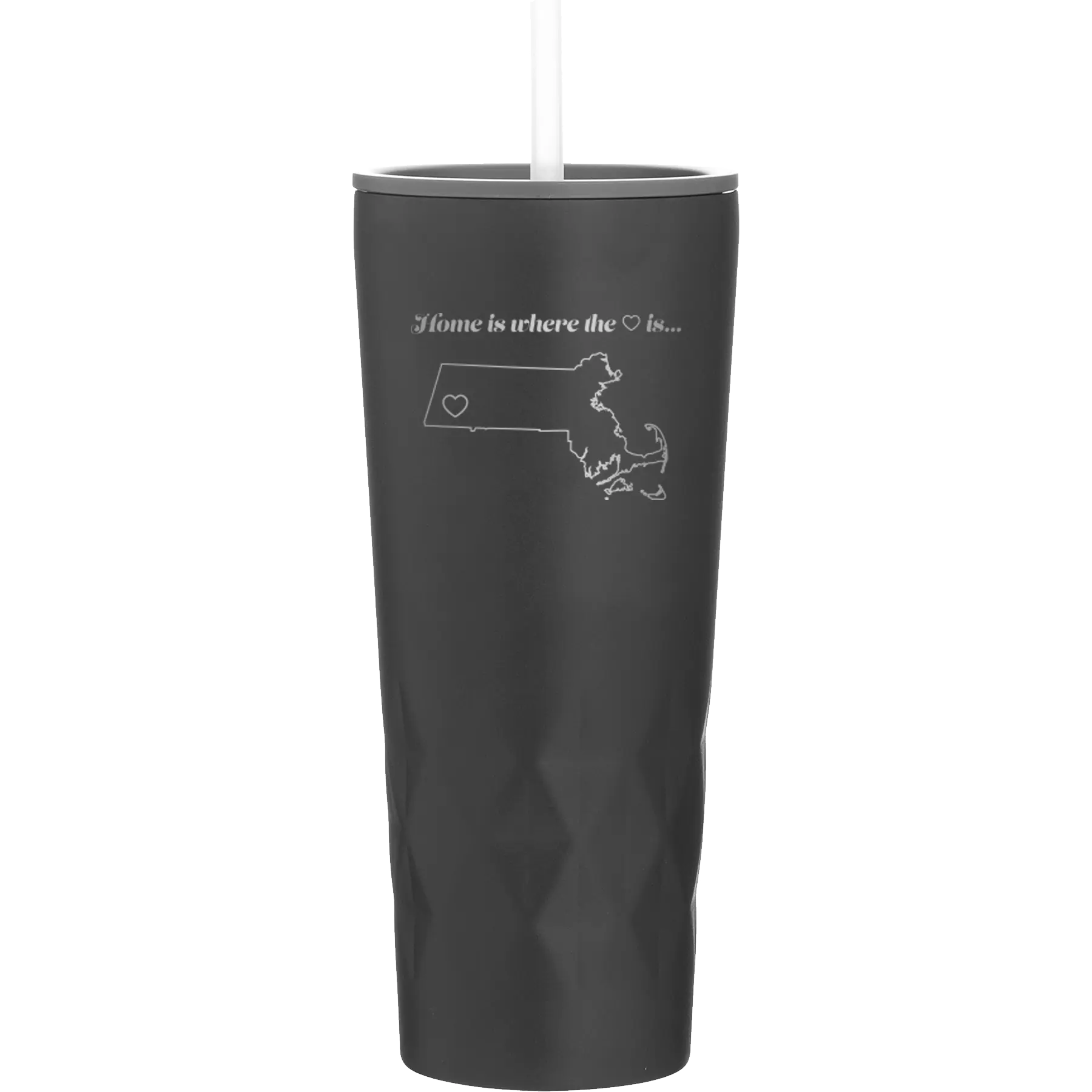 Laser etched black 20 oz vacuum insulated tumbler with 'Massachusetts Heart' design