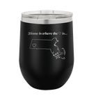 Laser etched black 12 oz vacuum insulated wine cup with 'Massachusetts Heart' design
