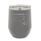 Laser etched dark gray 12 oz vacuum insulated wine cup with 'Massachusetts Heart' design