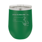 Laser etched green 12 oz vacuum insulated wine cup with 'Massachusetts Heart' design