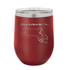 Laser etched maroon 12 oz vacuum insulated wine cup with 'Massachusetts Heart' design