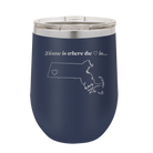 Laser etched navy 12 oz vacuum insulated wine cup with 'Massachusetts Heart' design