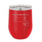 Laser etched red 12 oz vacuum insulated wine cup with 'Massachusetts Heart' design