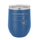 Laser etched royal blue 12 oz vacuum insulated wine cup with 'Massachusetts Heart' design