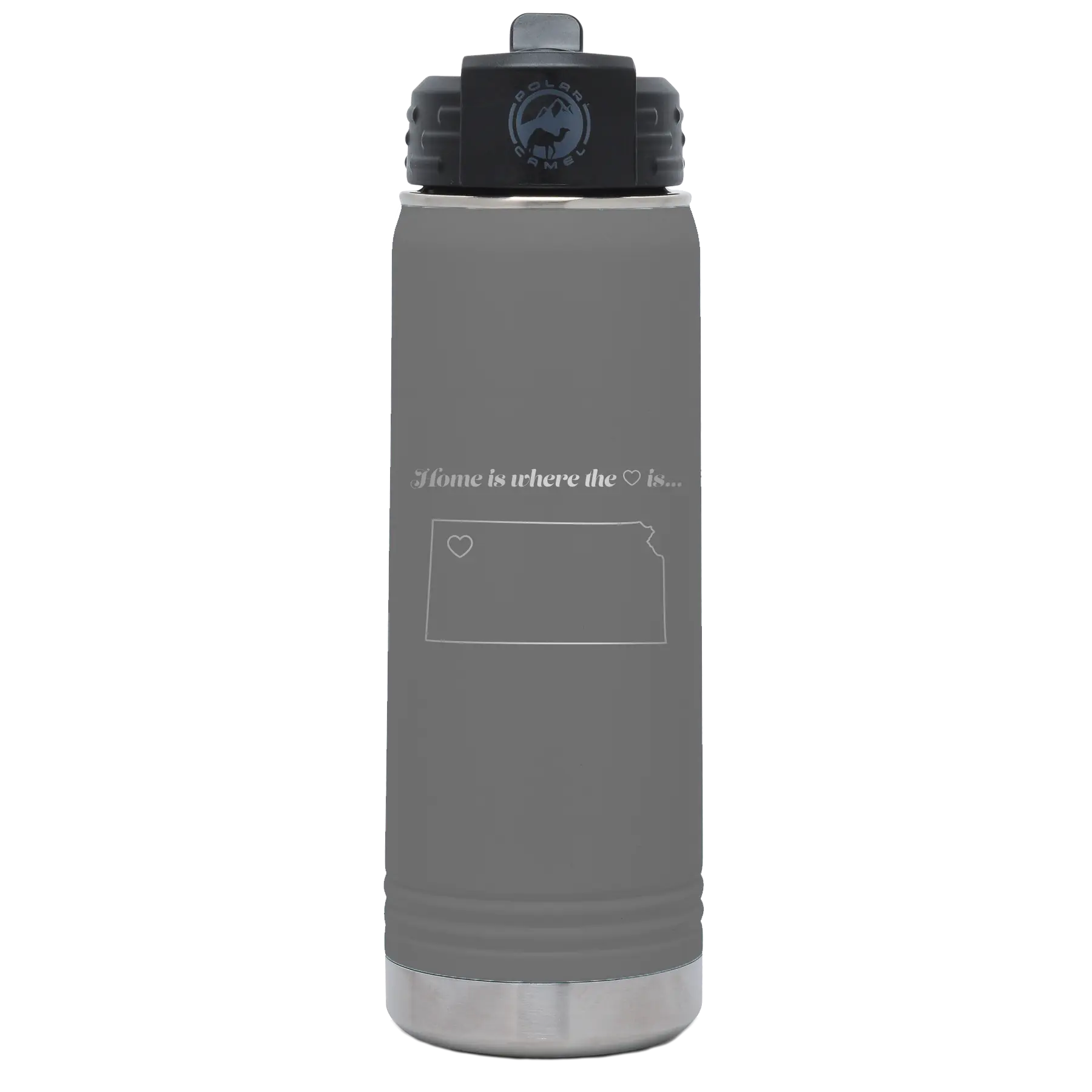 Laser etched dark gray 20 oz vacuum insulated water bottle with 'Kansas Heart' design