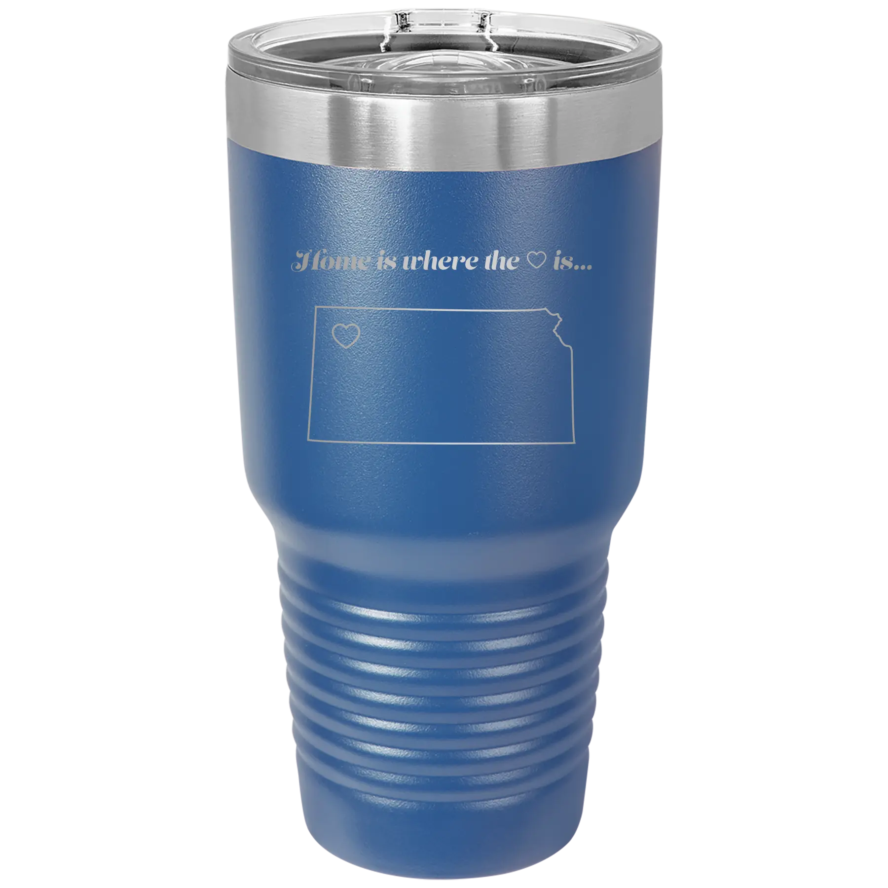Laser etched royal blue 30 oz vacuum insulated tumbler with 'Kansas Heart' design
