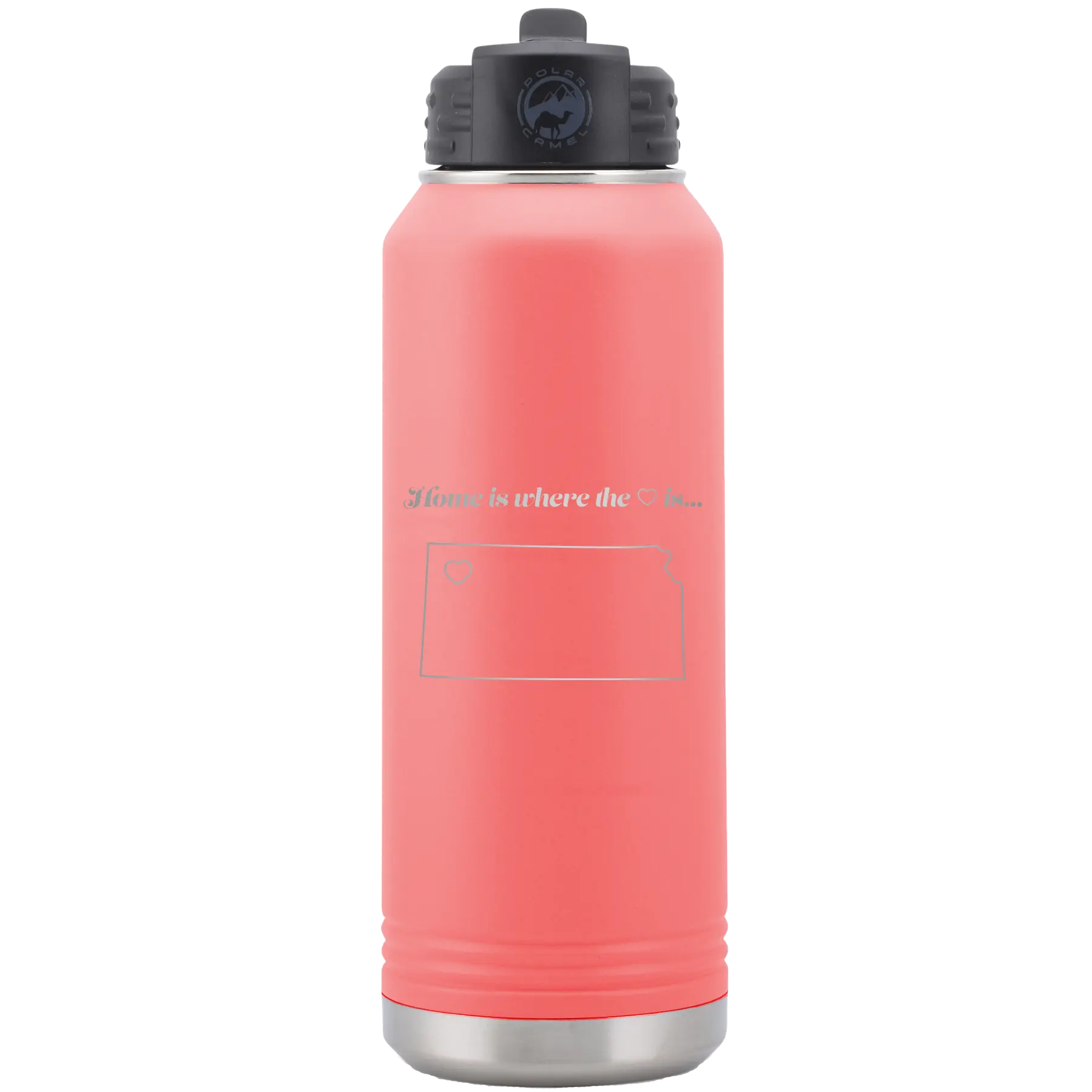 Laser etched coral 32 oz vacuum insulated water bottle with 'Kansas Heart' design
