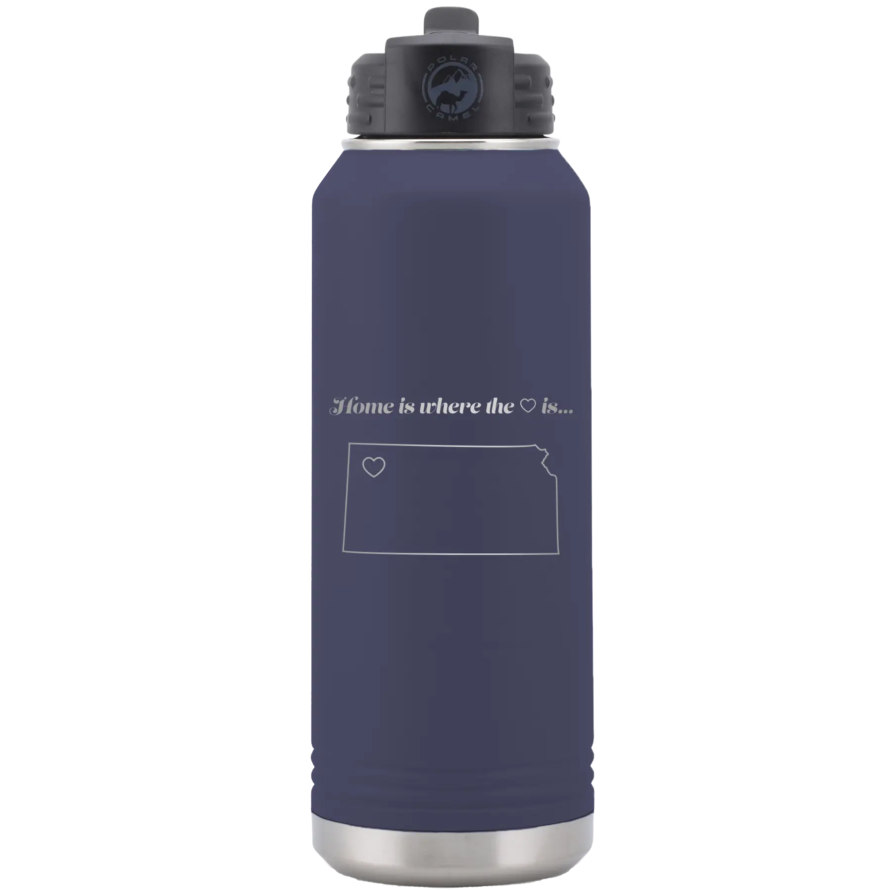 Laser etched navy 32 oz vacuum insulated water bottle with 'Kansas Heart' design