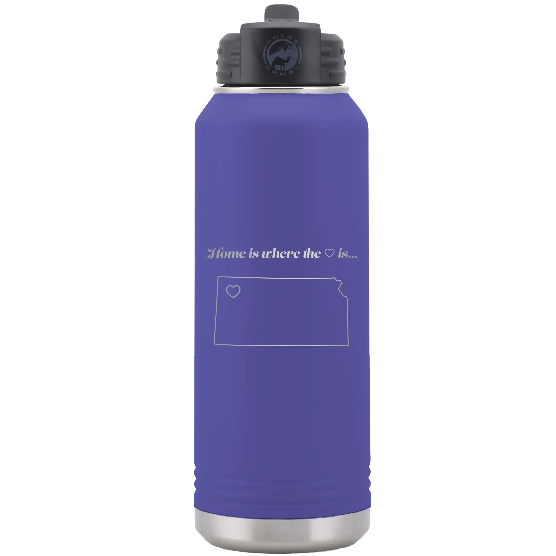 Laser etched purple 32 oz vacuum insulated water bottle with 'Kansas Heart' design
