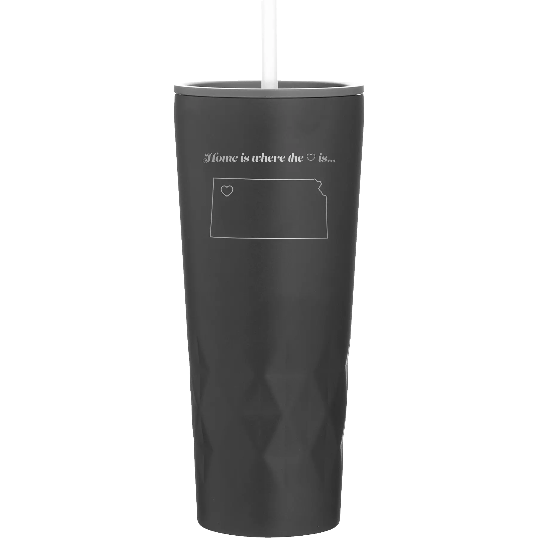 Laser etched black 20 oz vacuum insulated tumbler with 'Kansas Heart' design