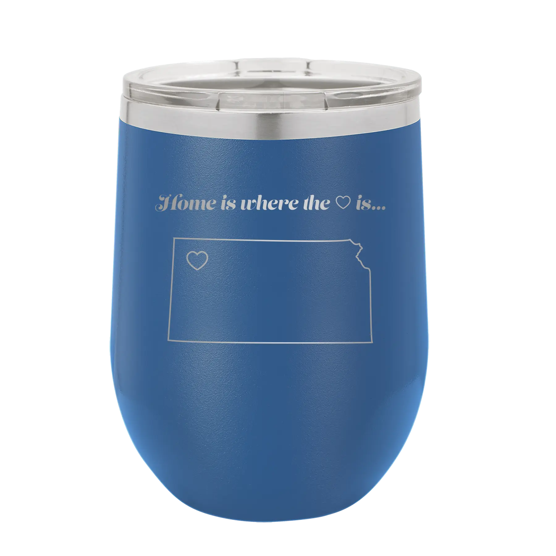 Laser etched royal blue 12 oz vacuum insulated wine cup with 'Kansas Heart' design