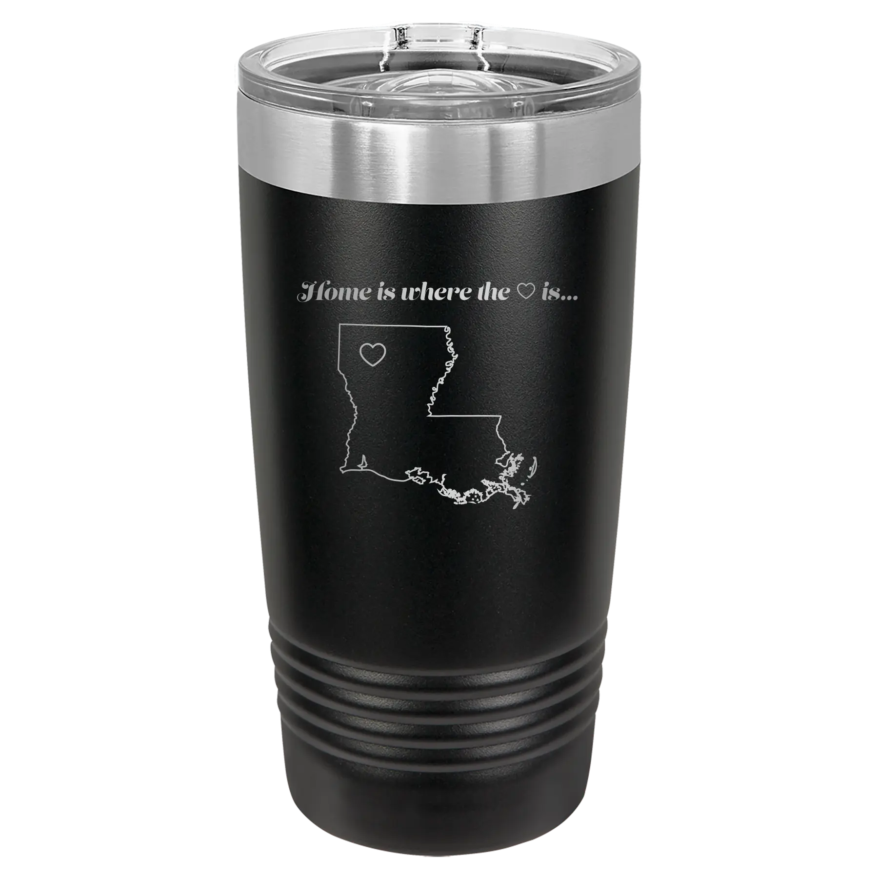 Laser etched black 20 oz vacuum insulated tumbler with 'Louisiana Heart' design