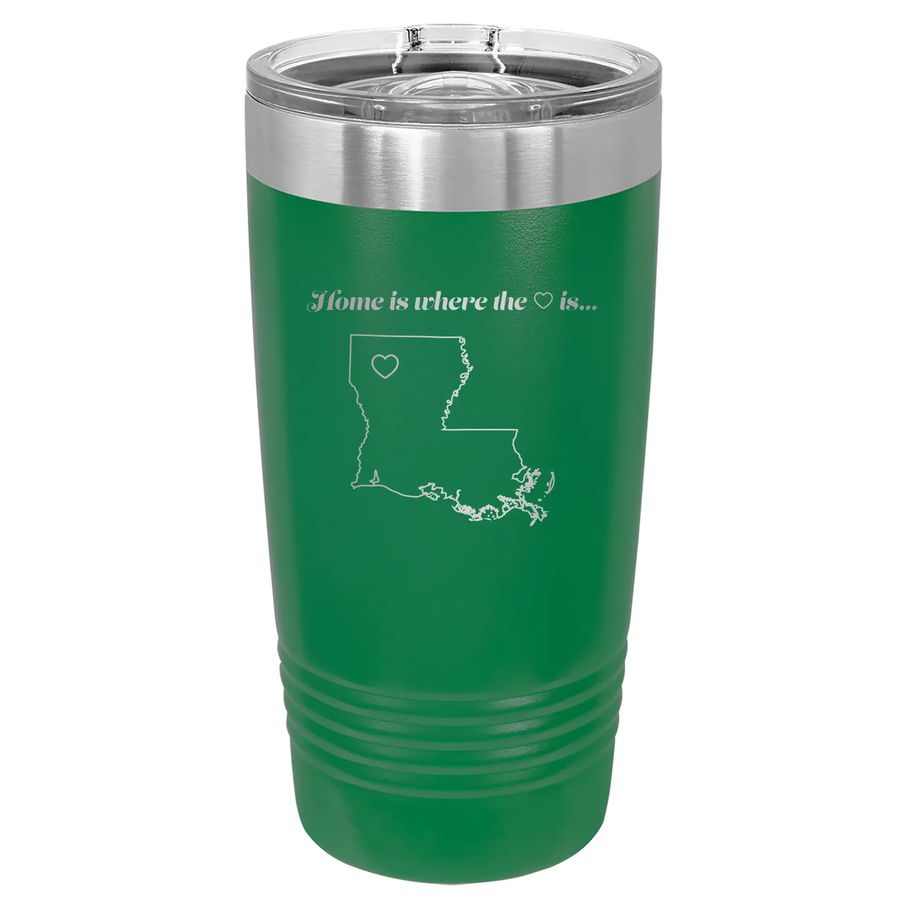 Laser etched green 20 oz vacuum insulated tumbler with 'Louisiana Heart' design