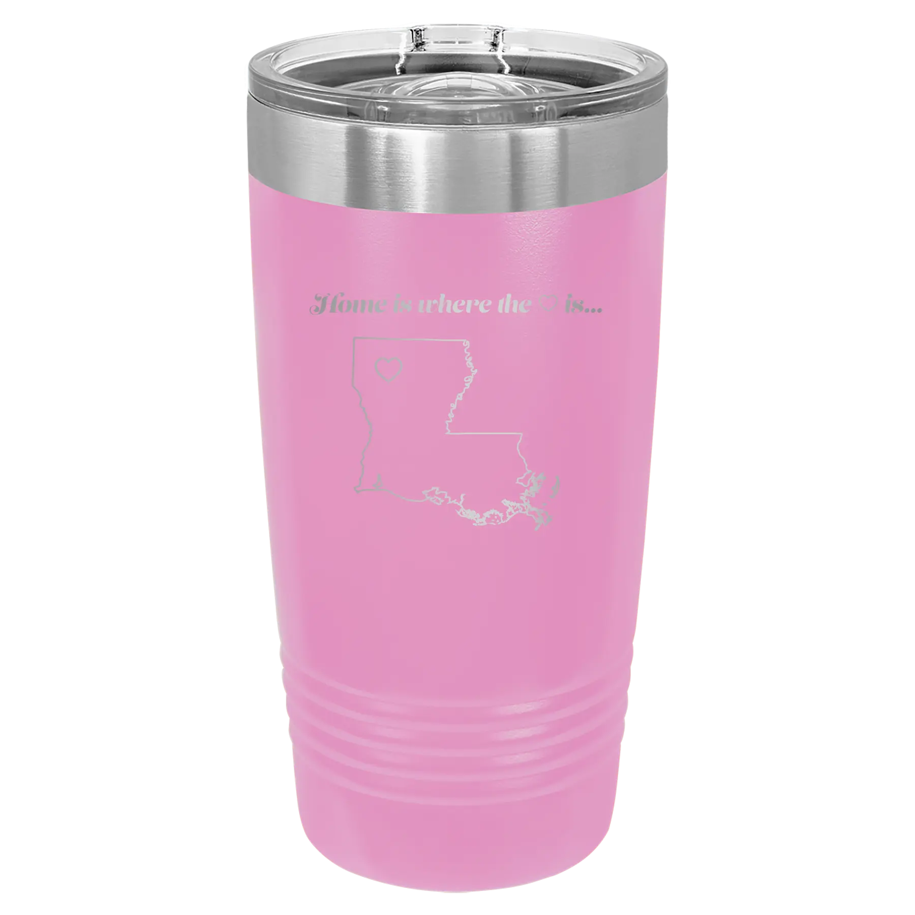 Laser etched light purple 20 oz vacuum insulated tumbler with 'Louisiana Heart' design