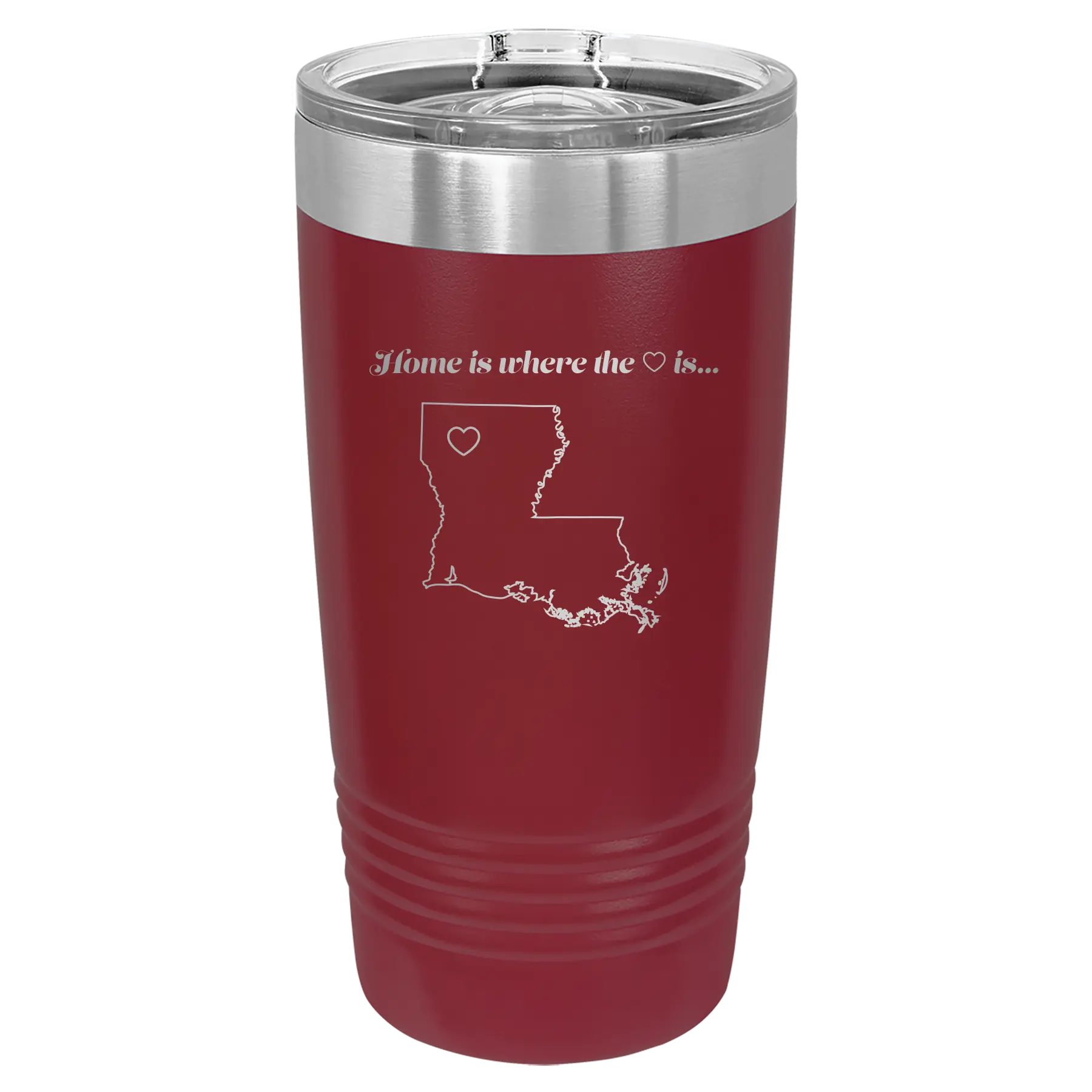 Laser etched maroon 20 oz vacuum insulated tumbler with 'Louisiana Heart' design