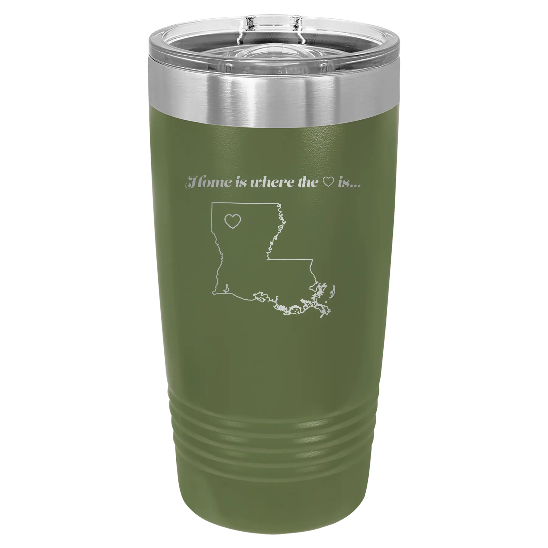 Laser etched olive green 20 oz vacuum insulated tumbler with 'Louisiana Heart' design