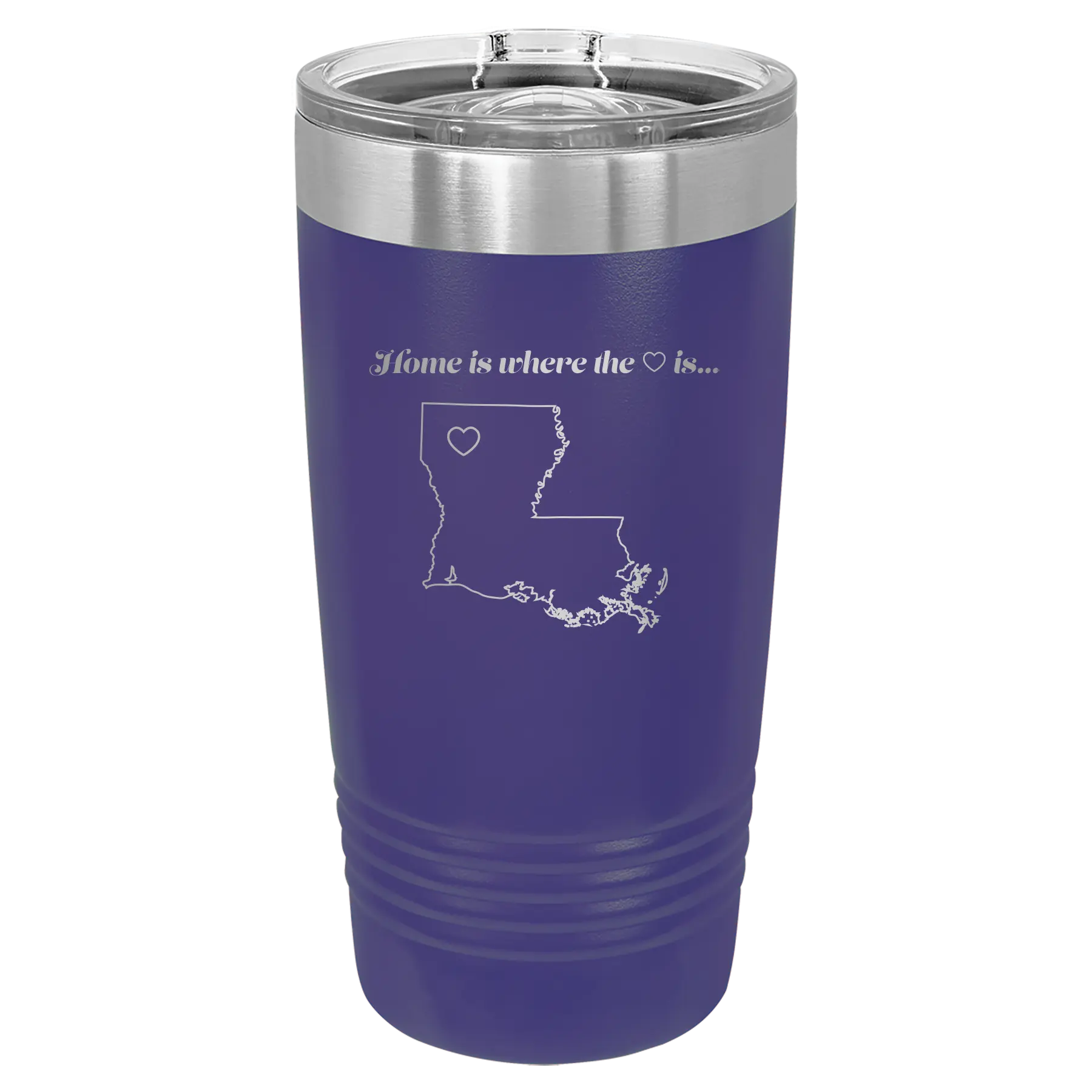 Laser etched purple 20 oz vacuum insulated tumbler with 'Louisiana Heart' design