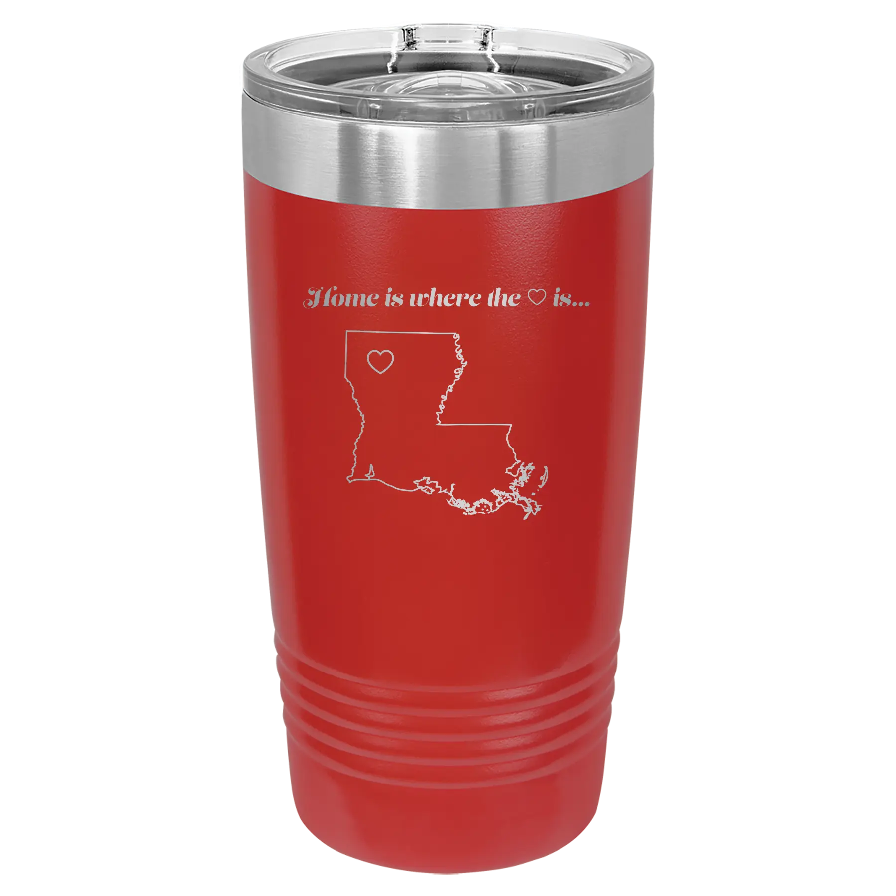 Laser etched red 20 oz vacuum insulated tumbler with 'Louisiana Heart' design