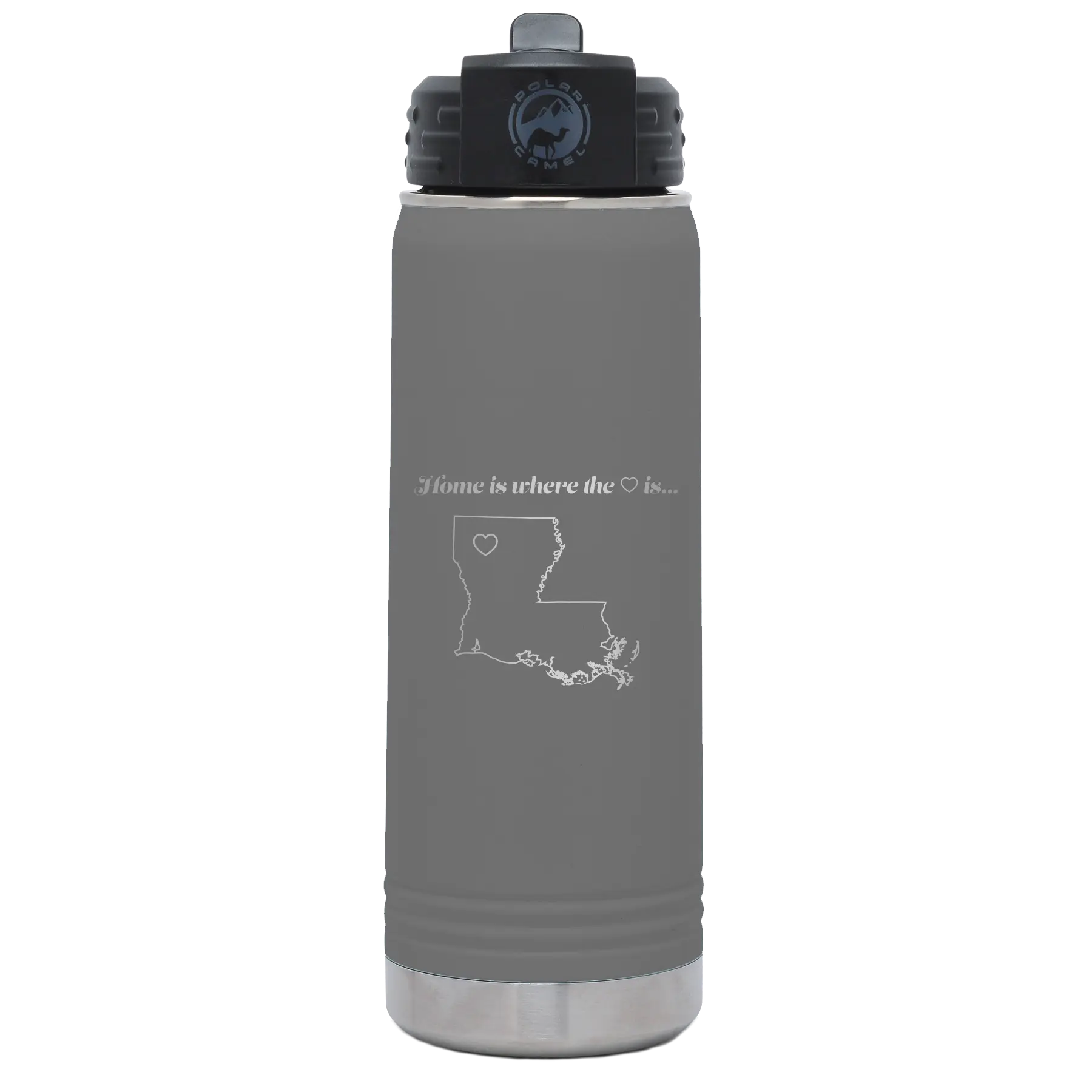 Laser etched dark gray 20 oz vacuum insulated water bottle with 'Louisiana Heart' design