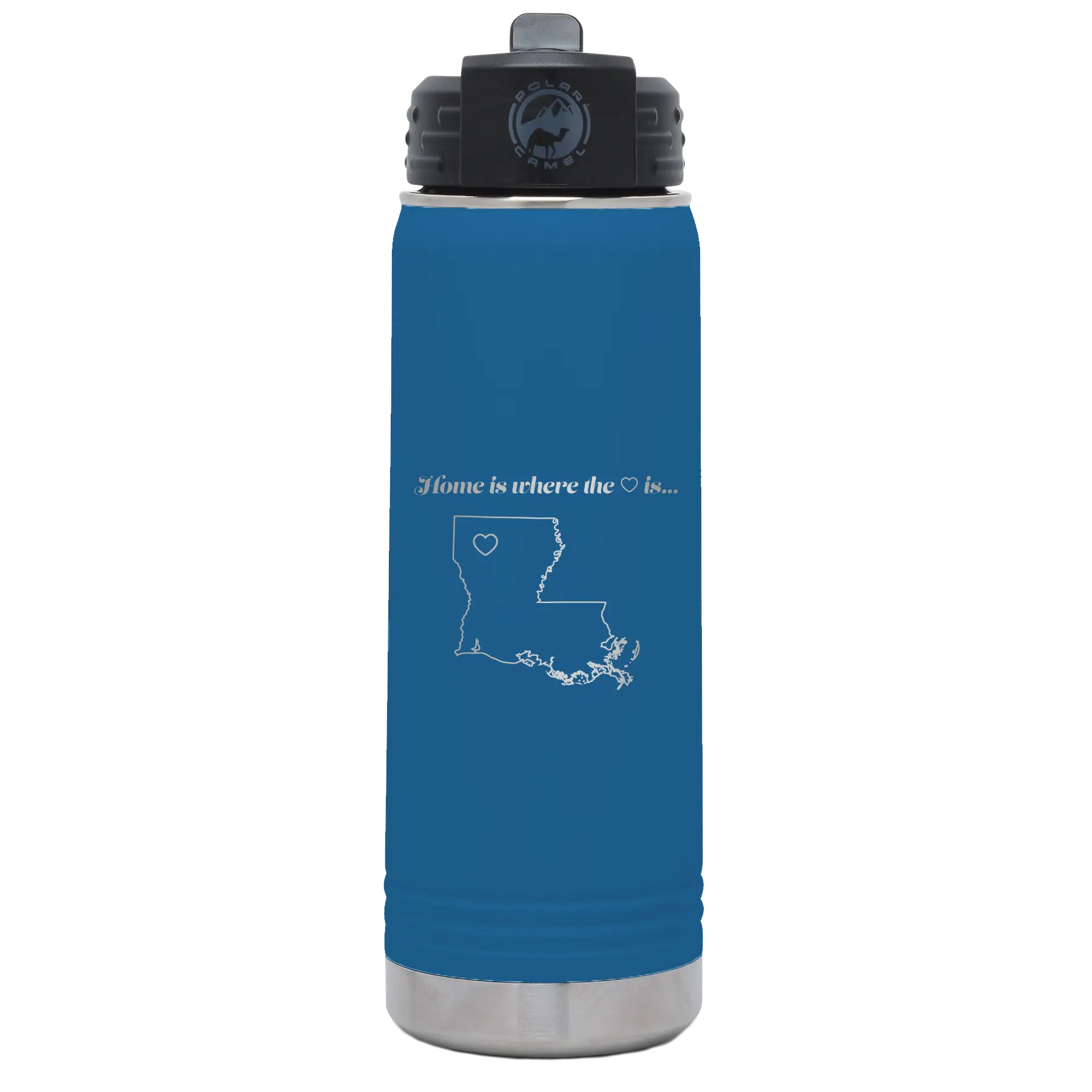 Laser etched royal blue 20 oz vacuum insulated water bottle with 'Louisiana Heart' design