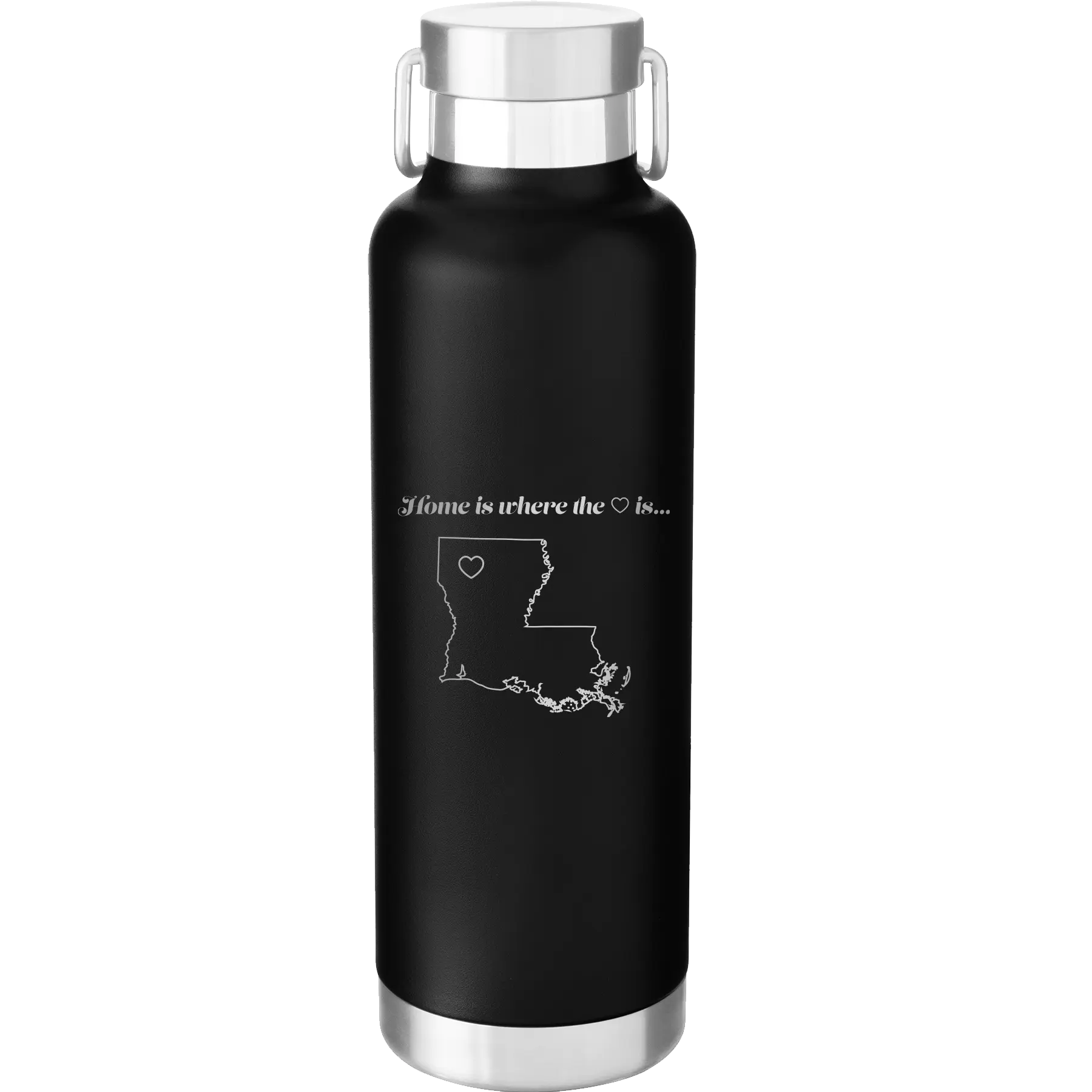 Laser etched black 24 oz vacuum insulated water bottle with 'Louisiana Heart' design