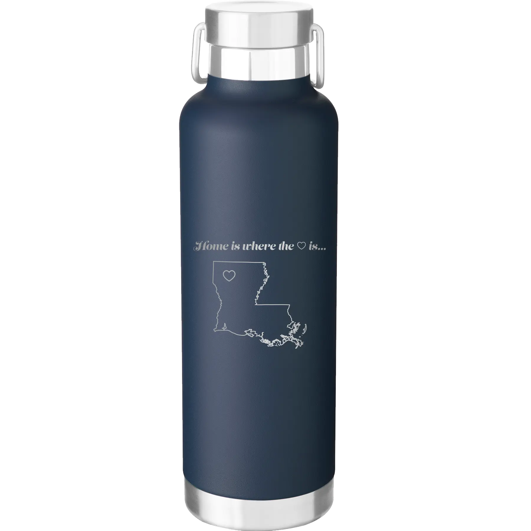 Laser etched navy 24 oz vacuum insulated water bottle with 'Louisiana Heart' design