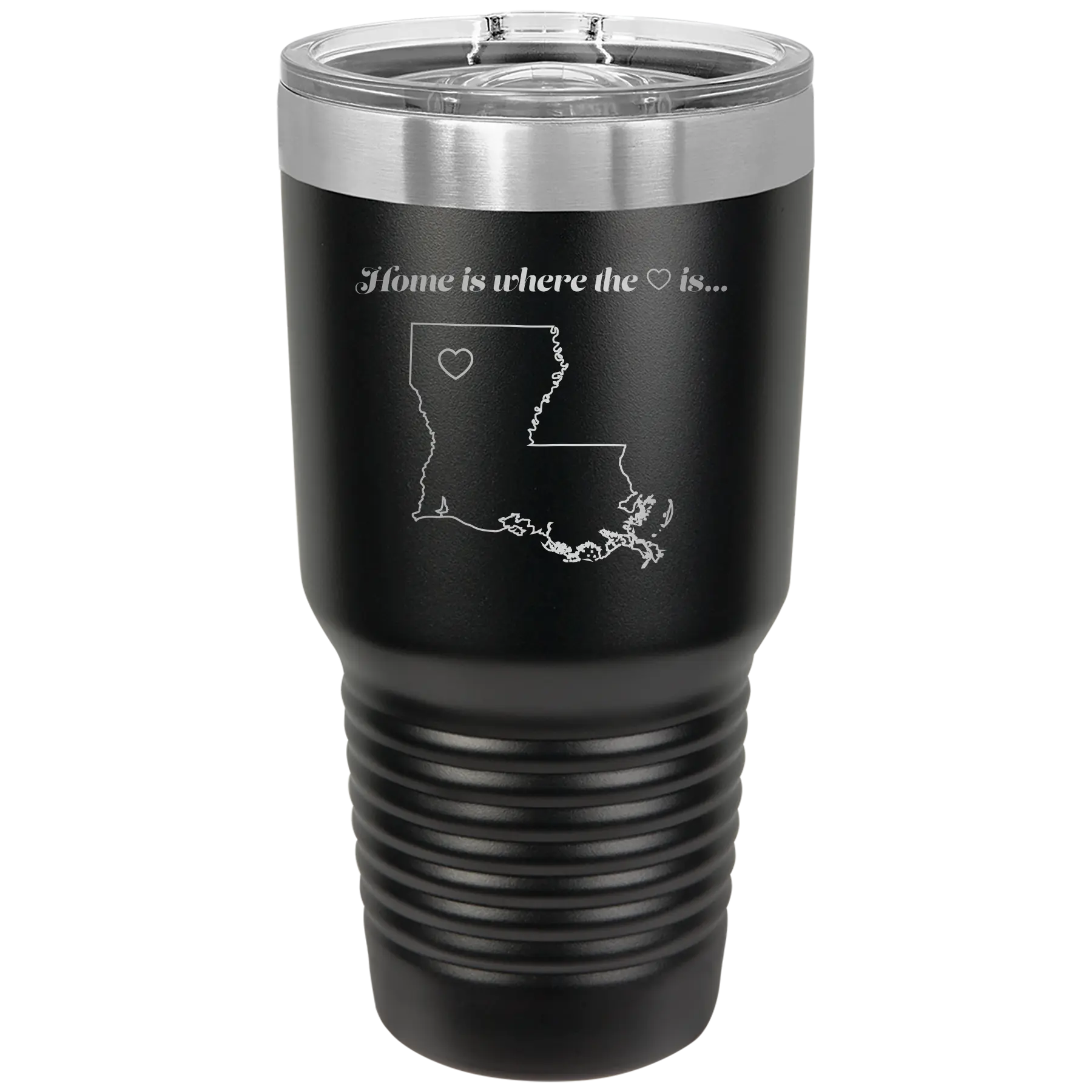 Laser etched black 30 oz vacuum insulated tumbler with 'Louisiana Heart' design