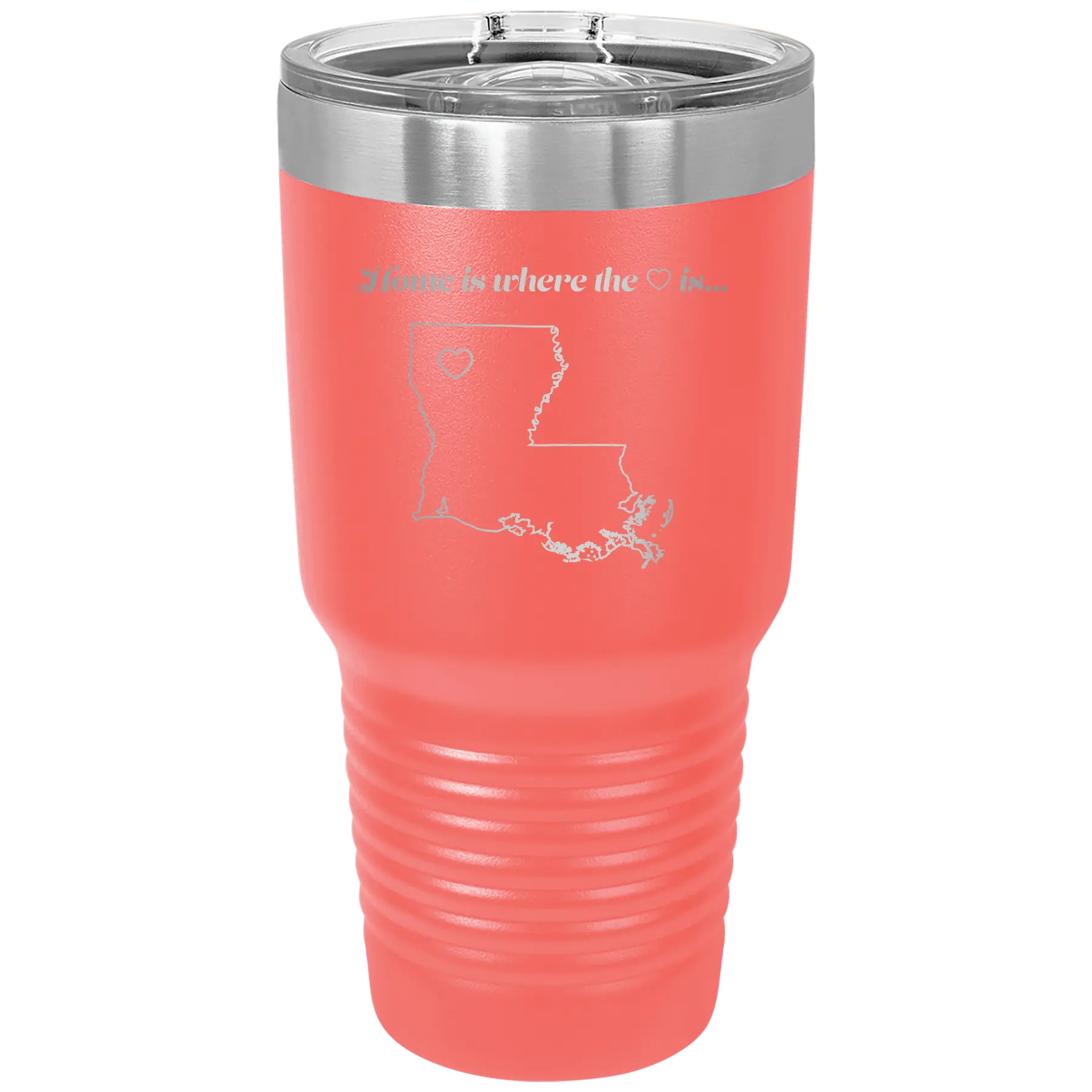 Laser etched coral 30 oz vacuum insulated tumbler with 'Louisiana Heart' design