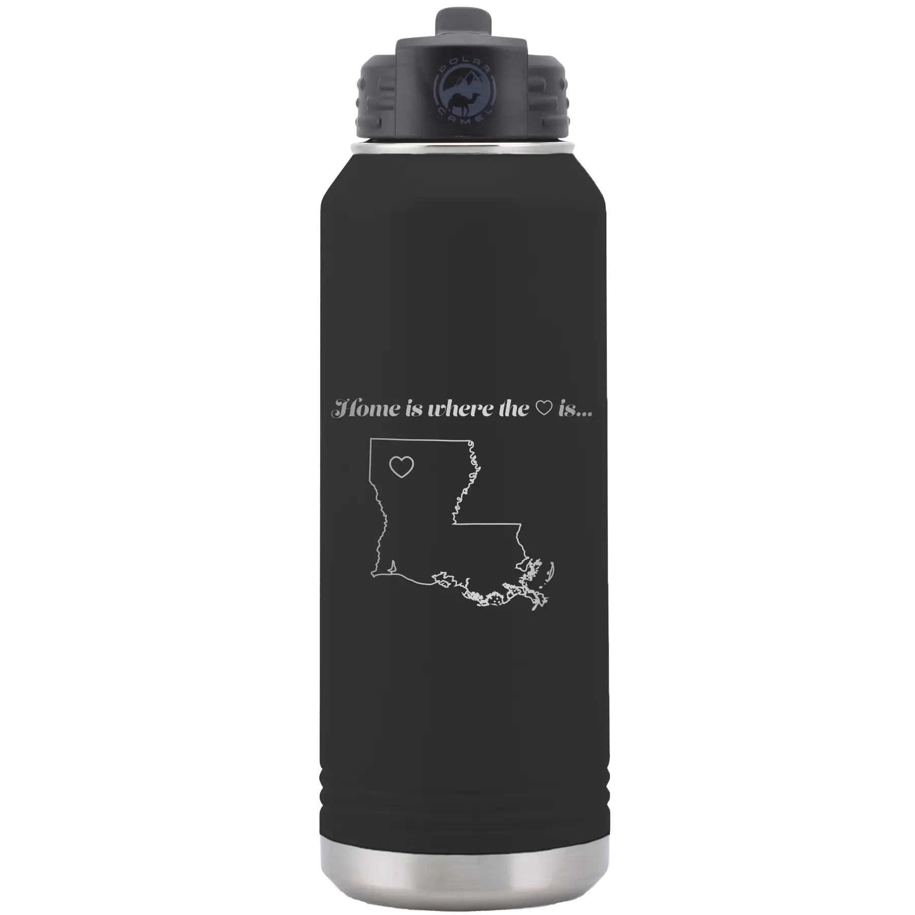 Laser etched black 32 oz vacuum insulated water bottle with 'Louisiana Heart' design