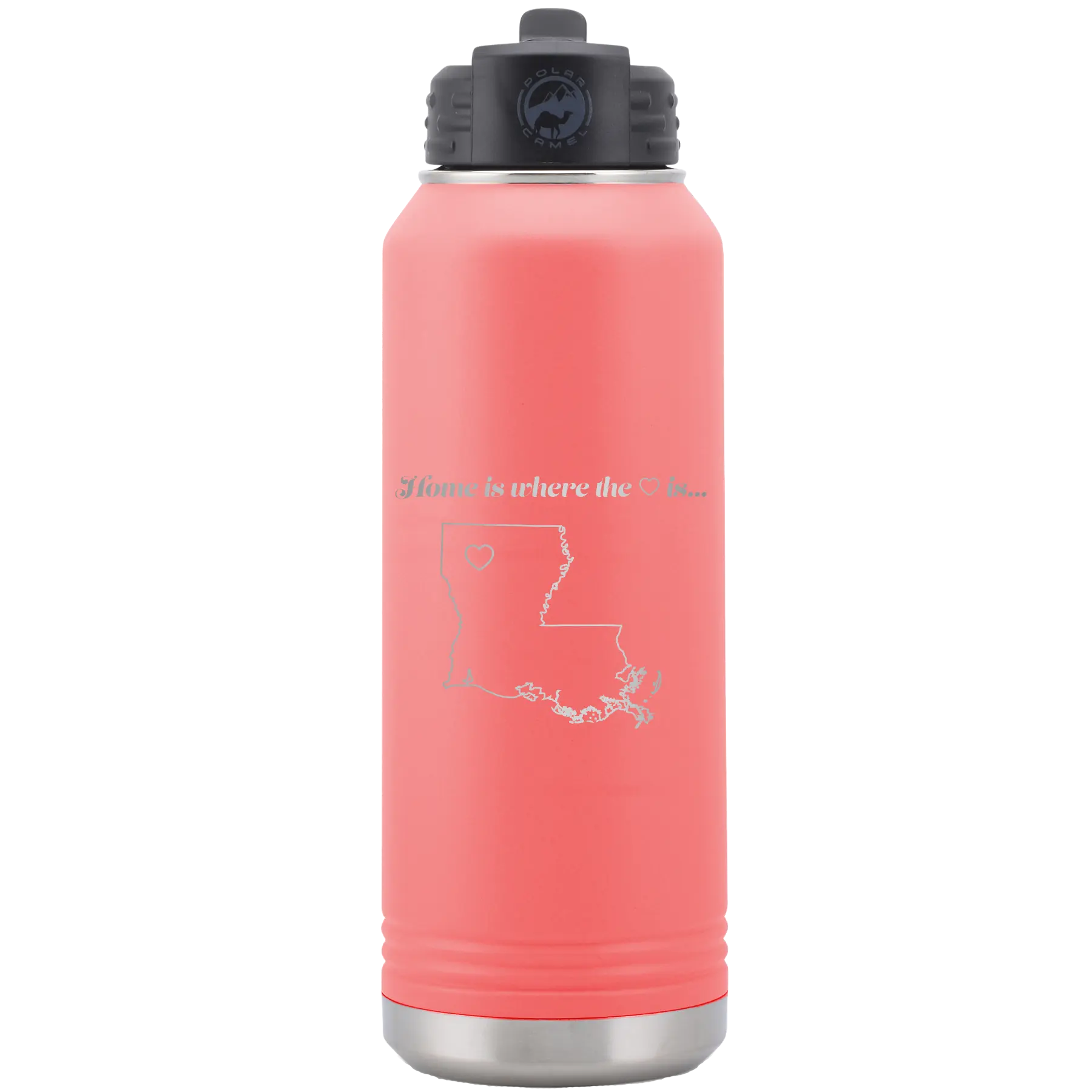 Laser etched coral 32 oz vacuum insulated water bottle with 'Louisiana Heart' design