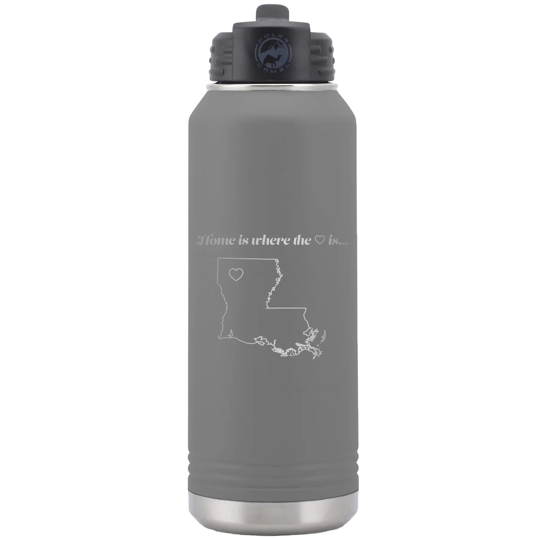 Laser etched dark gray 32 oz vacuum insulated water bottle with 'Louisiana Heart' design