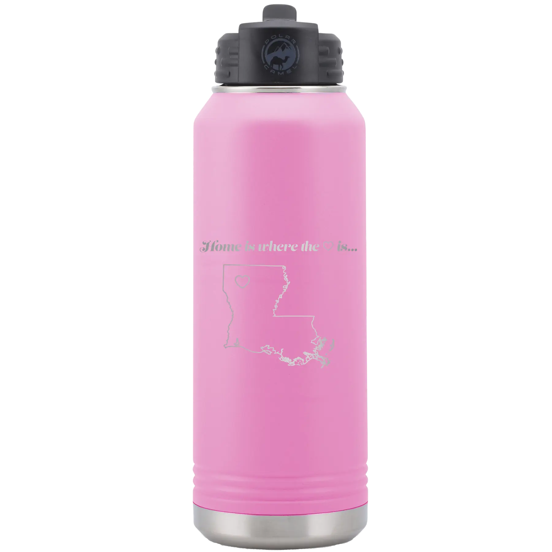 Laser etched light purple 32 oz vacuum insulated water bottle with 'Louisiana Heart' design