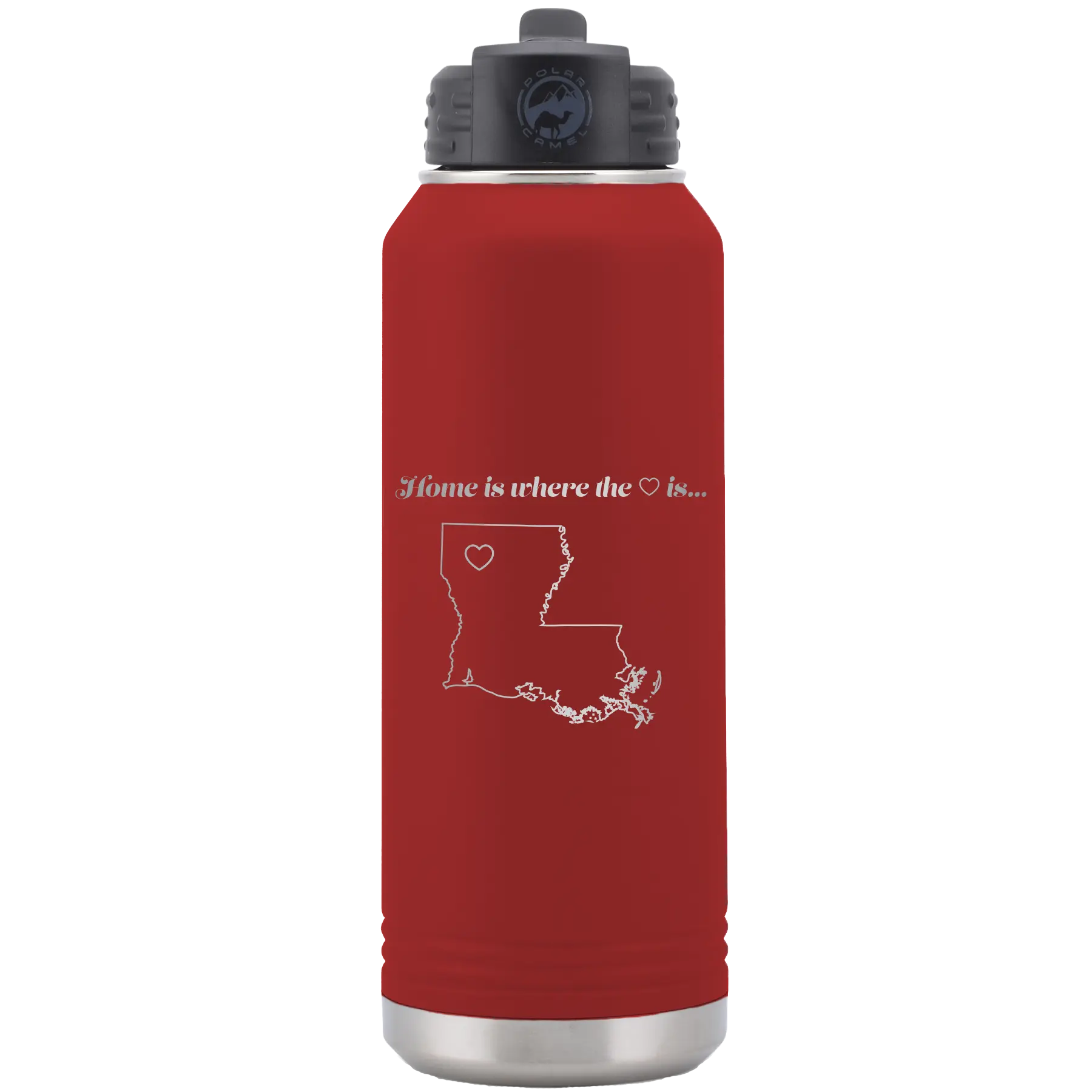 Laser etched maroon 32 oz vacuum insulated water bottle with 'Louisiana Heart' design