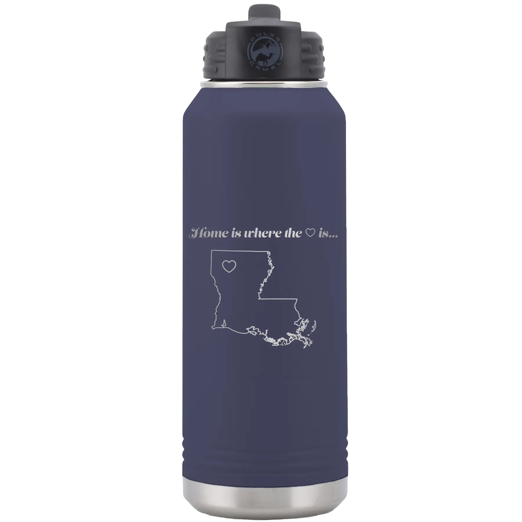 Laser etched navy 32 oz vacuum insulated water bottle with 'Louisiana Heart' design